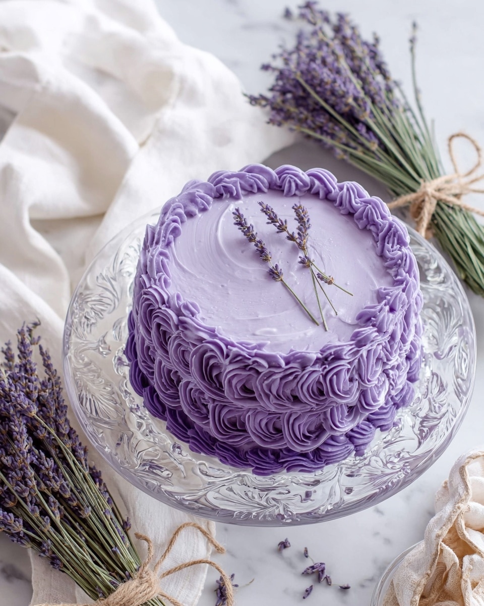 A small round cake with two visible layers is covered in smooth lavender purple frosting. The top layer has a simple swirl of frosting in the center, topped with two small sprigs of dried lavender. Around the edge of the cake, a thick, decorative border of ruffled purple frosting adds texture. The cake sits on a clear glass plate with intricate patterns, placed on a white marbled surface with a soft white cloth nearby and a bunch of dried lavender on the left side. Photo taken with an iphone --ar 4:5 --v 7