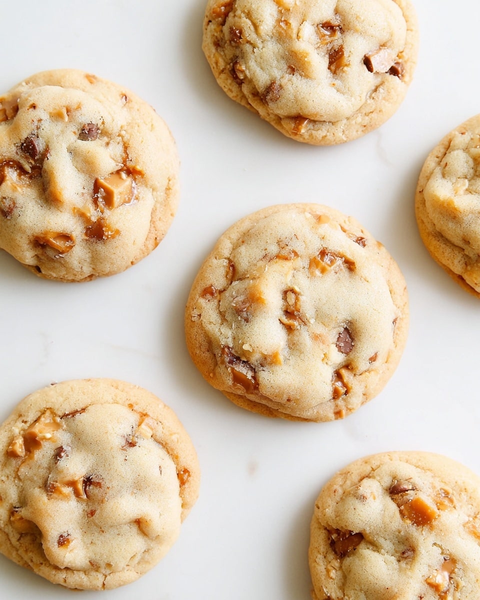 The image shows five round cookies arranged loosely on a white marbled surface. Each cookie has a golden-brown color with visible small chunks of caramel and chocolate embedded throughout, giving the texture a slightly uneven and soft look. The cookies have a slightly cracked top surface, showing a tender and chewy inside. The light shines evenly, highlighting the gentle crumbly texture and warm tones of the cookies. photo taken with an iphone --ar 4:5 --v 7