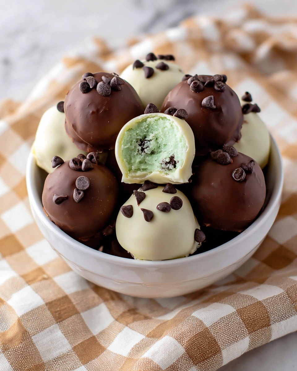A white bowl full of round chocolate-covered truffles sits on a beige and white checkered cloth over a white marbled surface. The truffles have two different coatings: rich dark brown chocolate and smooth white chocolate. Each truffle is topped with small dark chocolate chips. One dark chocolate truffle is broken open, showing a light green filling with small chocolate chips inside, creating a soft creamy texture inside the thick chocolate shell. The bowl is filled with about a dozen truffles, mixing the white and dark chocolate ones evenly. Photo taken with an iphone --ar 4:5 --v 7