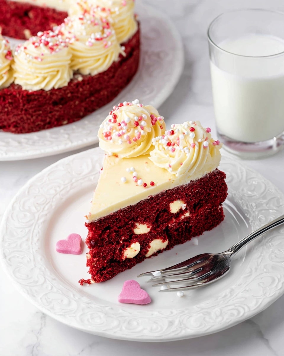 A single slice of red velvet cake with white chocolate chips inside rests on a white plate with a subtle embossed pattern, topped with two swirls of light cream-colored frosting sprinkled with small pink and red round sprinkles; the cake has a rich, dense red texture with visible cream chips throughout. Next to the plate is a metallic fork and a glass of white milk with clear reflections. In the background, the remaining round cake shows the same red base and white frosting swirls with sprinkles on a white plate, all placed on a white marbled surface. photo taken with an iphone --ar 4:5 --v 7