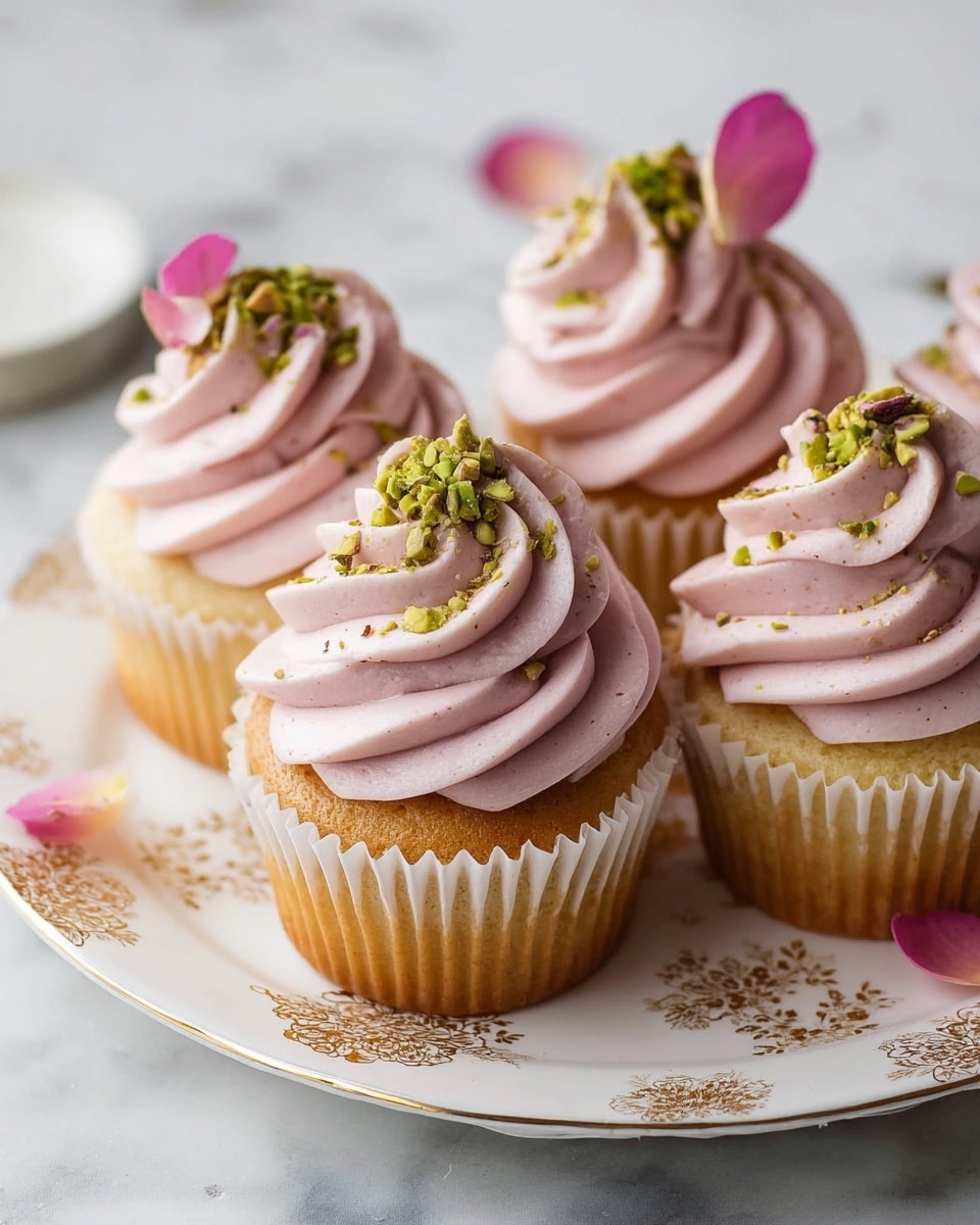 This image shows six cupcakes placed closely together on a white plate with delicate gold patterns. Each cupcake has one main layer of golden cake at the bottom with a slightly soft texture visible through a white paper cupcake liner. Topping each cupcake is a thick swirl of light pink frosting with a smooth and creamy texture, piled in about three tall layers spiraling upwards. On top of the frosting, there is a small sprinkle of finely chopped green pistachios and a single soft pale pink flower petal for decoration. The background surface is a white marbled texture that blends softly with the colors of the cupcakes. photo taken with an iphone --ar 4:5 --v 7