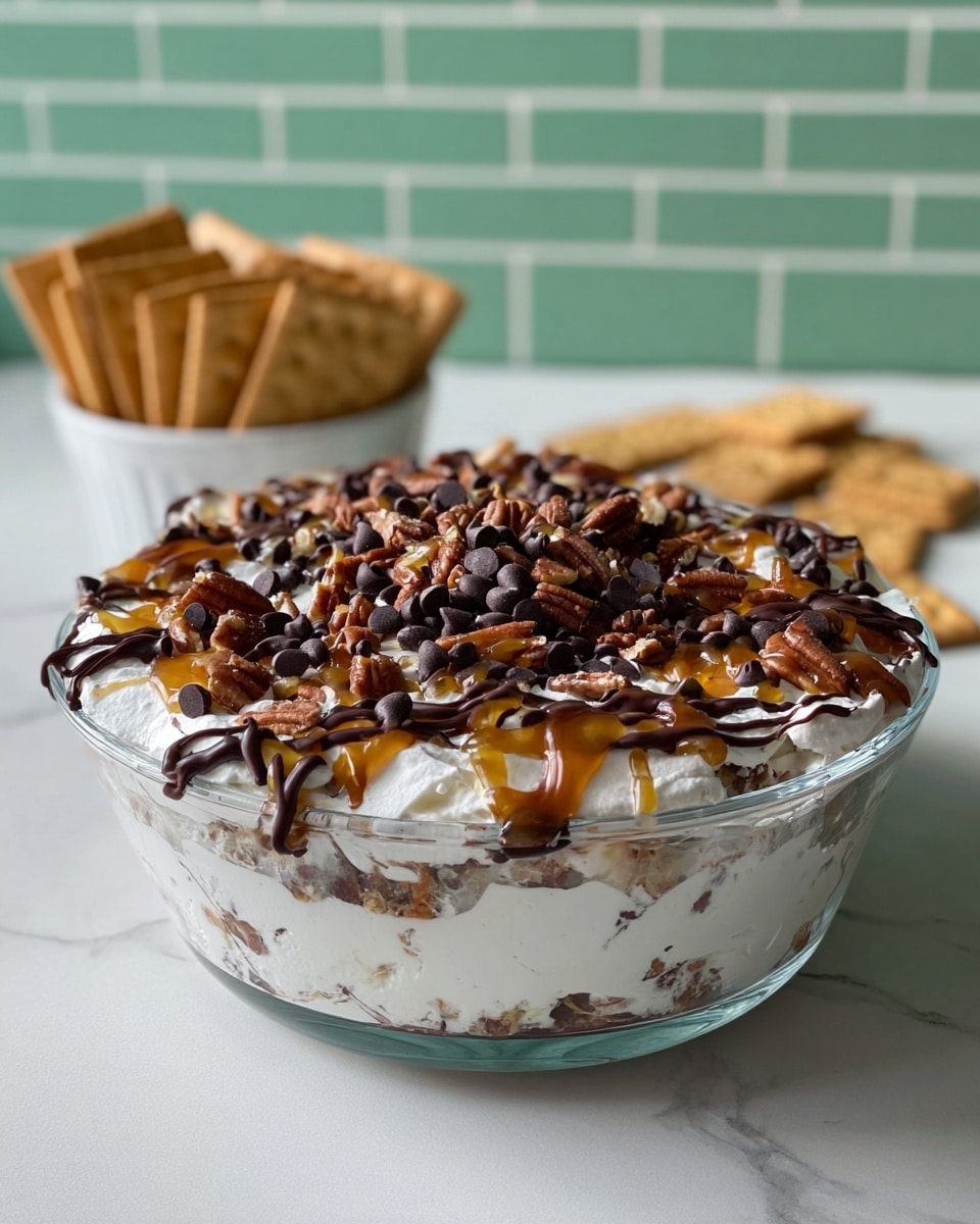 A clear glass dish filled with a creamy white base mixed with small chunks inside, topped with generous drizzles of dark chocolate and caramel sauces creating glossy streaks across the surface. The top layer is sprinkled thickly with small dark chocolate chips and chopped brown nuts, giving a textured and rich look. The dish sits on a white marbled surface, and in the background, a white bowl with square crackers is slightly blurred, enhancing the focus on the dessert. photo taken with an iphone --ar 4:5 --v 7