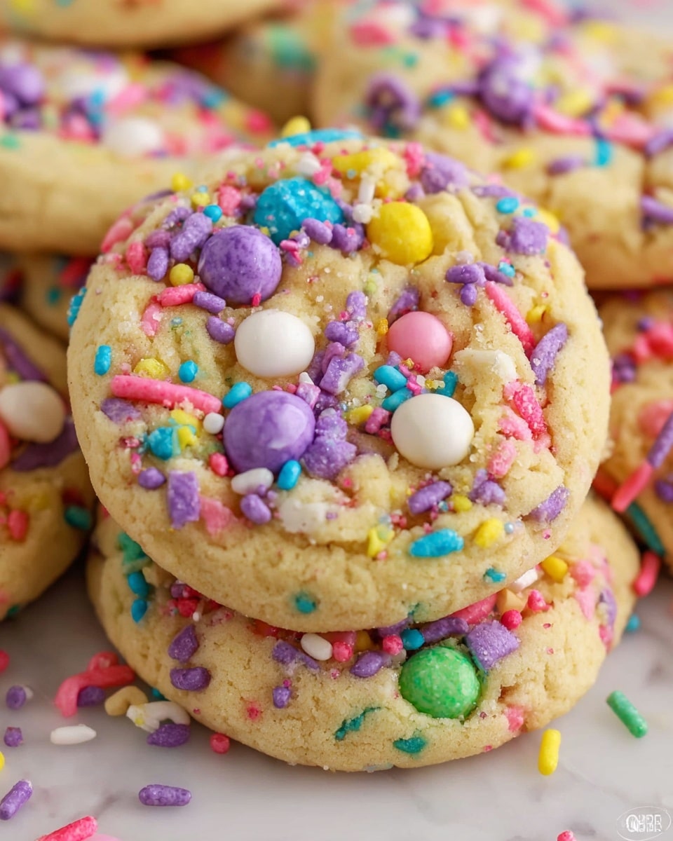 A close-up of a soft, round cookie with a pale yellow dough as the main base layer, dotted with small, uneven white chocolate chips adding texture and light color. The top layer is decorated heavily with colorful round and flat sprinkles in shades of pink, purple, yellow, white, blue, green, and orange, along with small candy-coated chocolate pieces in pastel colors such as green, pink, and blue. The cookie looks slightly cracked and soft with a textured surface and is surrounded by similar cookies in the background, placed on a surface with a white marbled texture. photo taken with an iphone --ar 4:5 --v 7