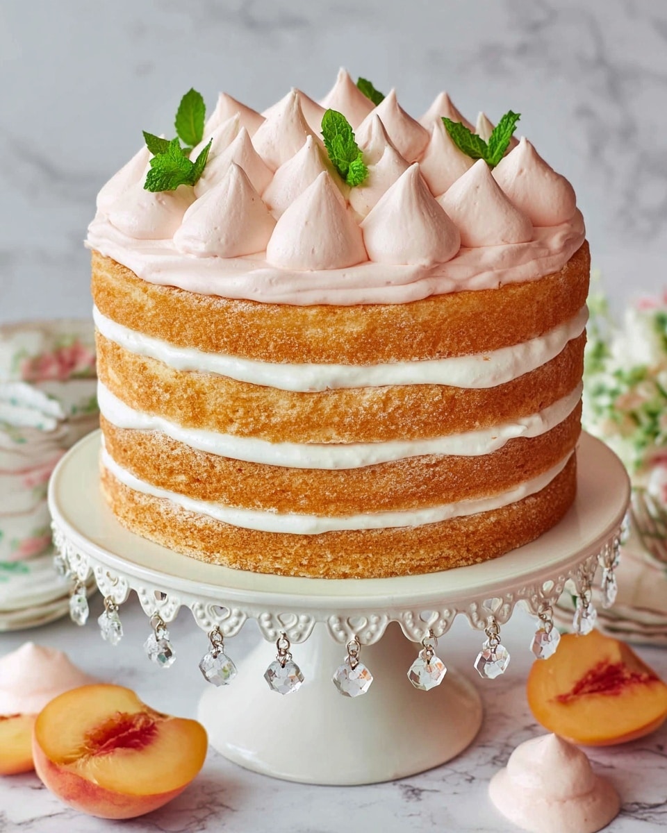 A tall, layered cake is shown resting on a white ornate cake stand with hanging crystal decorations. The cake has five layers of golden-brown sponge, each separated by a thick spread of creamy filling that alternates between soft white and pale pink. The top of the cake is decorated with evenly spaced dollops of light pink whipped cream, each with a pointed peak, and garnished with small green mint leaves. Around the cake, a few pieces of peach, pink meringue cookies, and a mint sprig are placed on a white marbled surface, with a cup and saucer floral pattern visible in the background. photo taken with an iphone --ar 4:5 --v 7