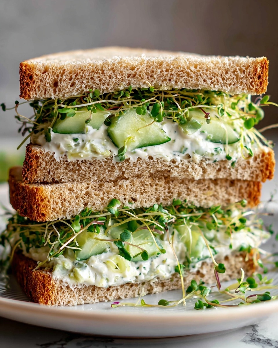 The image shows a close-up of a sandwich stacked with two slices of brown whole grain bread. Inside, there are two main filling layers: the first layer is creamy cucumber salad with visible chunks of light green cucumber mixed in a white dressing, and the second layer is fresh green sprouts on top of the cucumber filling, adding a delicate texture. The sandwich is placed on a round plate with a subtle dark surface, resting on a white marbled background. The sandwich looks fresh and soft with a rustic texture on the bread crust. Photo taken with an iphone --ar 4:5 --v 7
