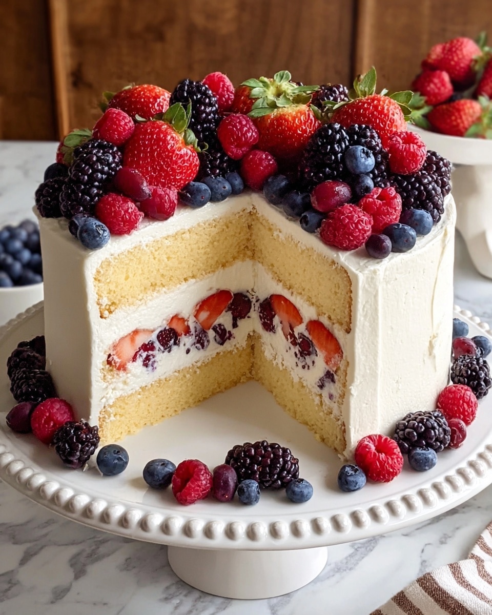 A three-layer round vanilla cake with smooth white cream covering the outside and between each layer; inside the layers, mixed red and blue berries are spread evenly within the white cream. The top of the cake is topped with a mix of whole strawberries, blueberries, raspberries, and blackberries, creating a colorful contrast with the white cream. Around the base of the cake, more mixed berries are placed on the white ornate cake stand. The cake sits on a white marbled surface with a blue and white cloth partially visible in the corner. Photo taken with an iphone --ar 4:5 --v 7