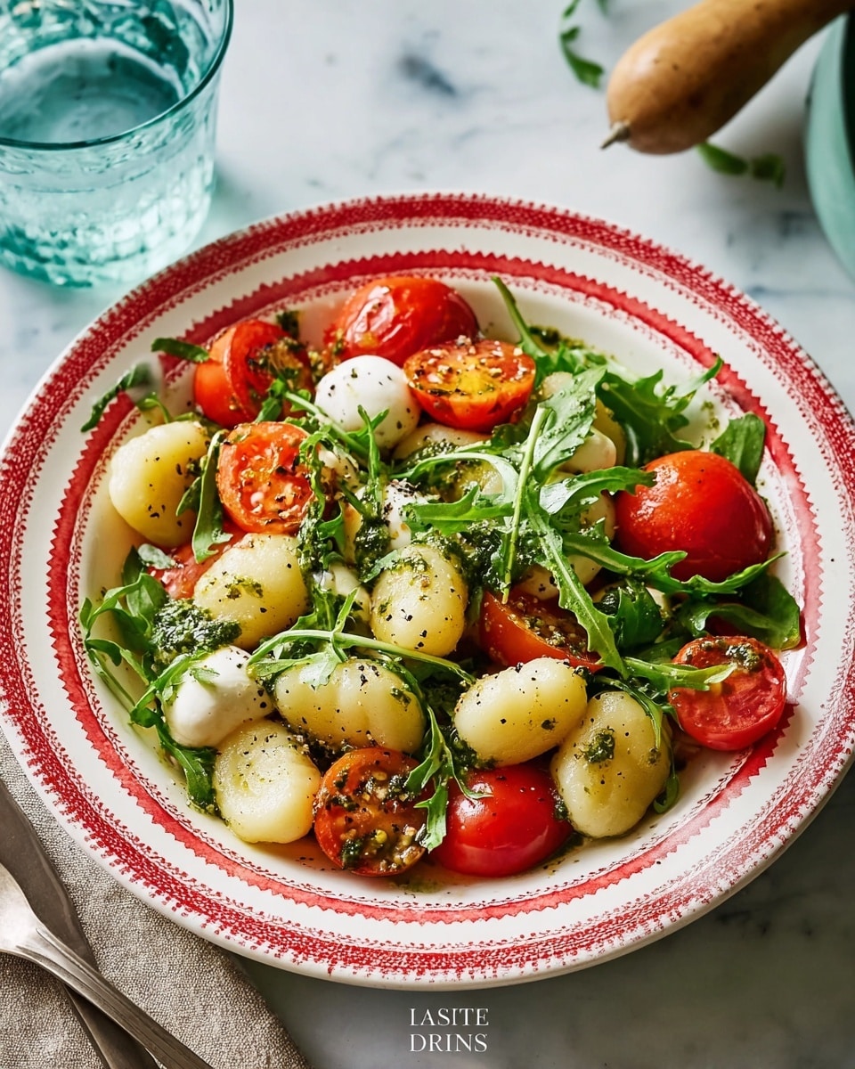 A white bowl with a red patterned rim holds a colorful gnocchi salad. The bottom layer consists of cream-colored gnocchi mixed with bright red cherry tomatoes and small white mozzarella balls. Scattered on top are dark green arugula leaves and dollops of green pesto sauce, adding texture and contrast. The dish is lightly sprinkled with black pepper and grated cheese. The bowl sits on a soft beige cloth over a white marbled surface, with a glass of water and wooden utensils blurred in the background. photo taken with an iphone --ar 4:5 --v 7
