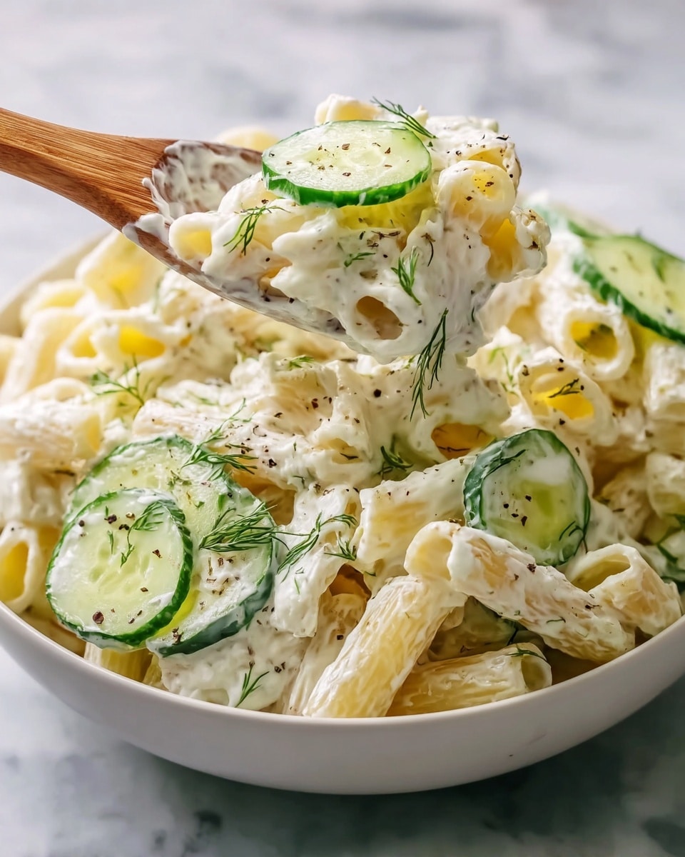 The image shows a white bowl filled with creamy pasta salad made with rigatoni noodles coated in a thick, white creamy dressing. Mixed within the pasta are thin green cucumber slices that have a smooth texture and fresh look. Sprigs of fresh dill with fine green leaves are scattered throughout the dish, adding a touch of color and texture. The top layer of the pasta is sprinkled lightly with black pepper. A wooden spoon lifts a portion of the pasta salad above the bowl, showing the same creamy texture and cucumber pieces, all set against a white marbled surface. Photo taken with an iphone --ar 4:5 --v 7