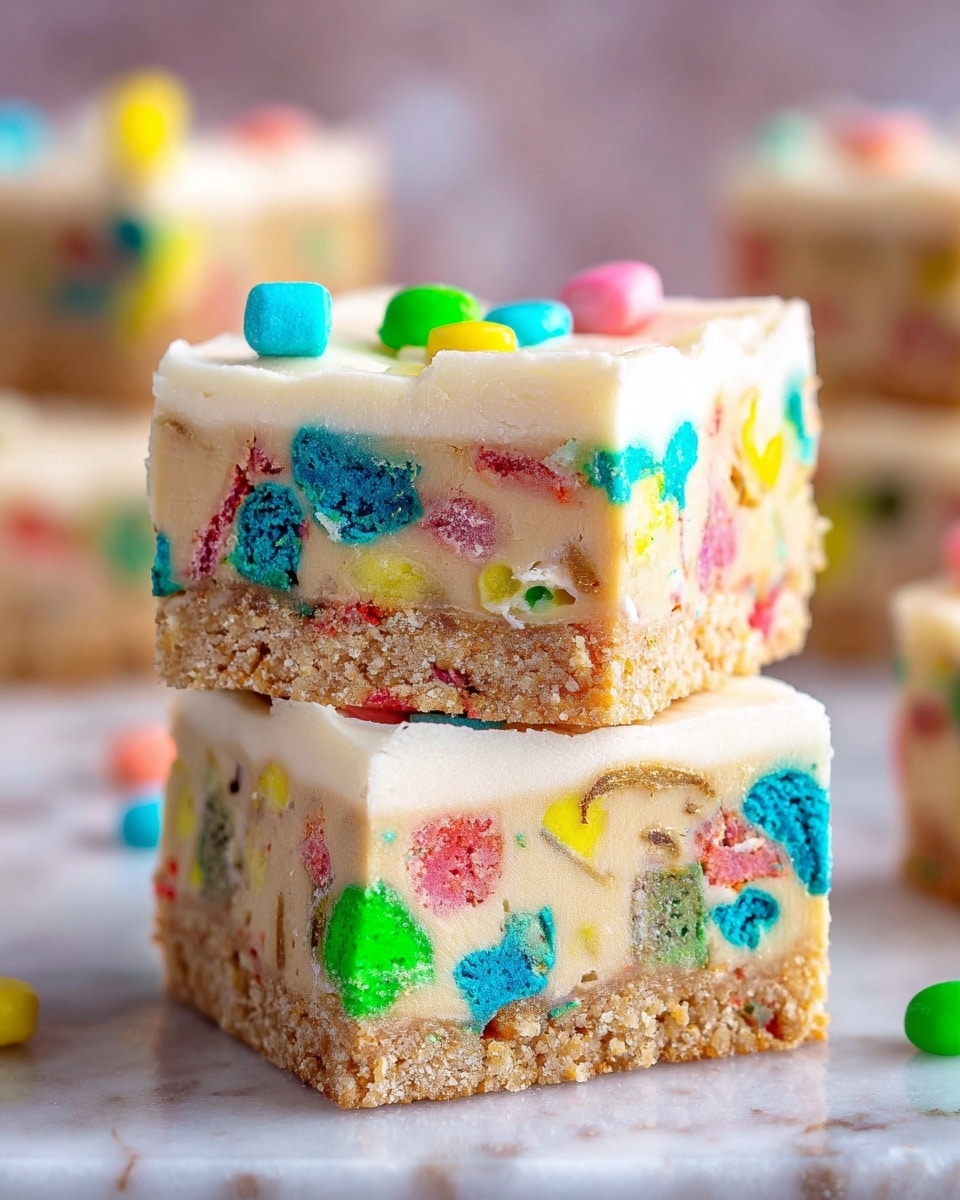 This image shows a close-up of two stacked dessert bars on a white marbled surface. Each bar has three visible layers: the bottom layer is crumbly and light brown, resembling a graham cracker crust; the middle layer is thick, creamy, and speckled with colorful rainbow cereal pieces in bright blue, green, yellow, pink, and orange; the top layer is a smooth, white frosting adorned with more of the same colorful cereal pieces scattered on top. The bars have neat edges, with the upper bar perfectly centered over the lower one. In the blurred background, more bars are visible. Photo taken with an iphone --ar 4:5 --v 7