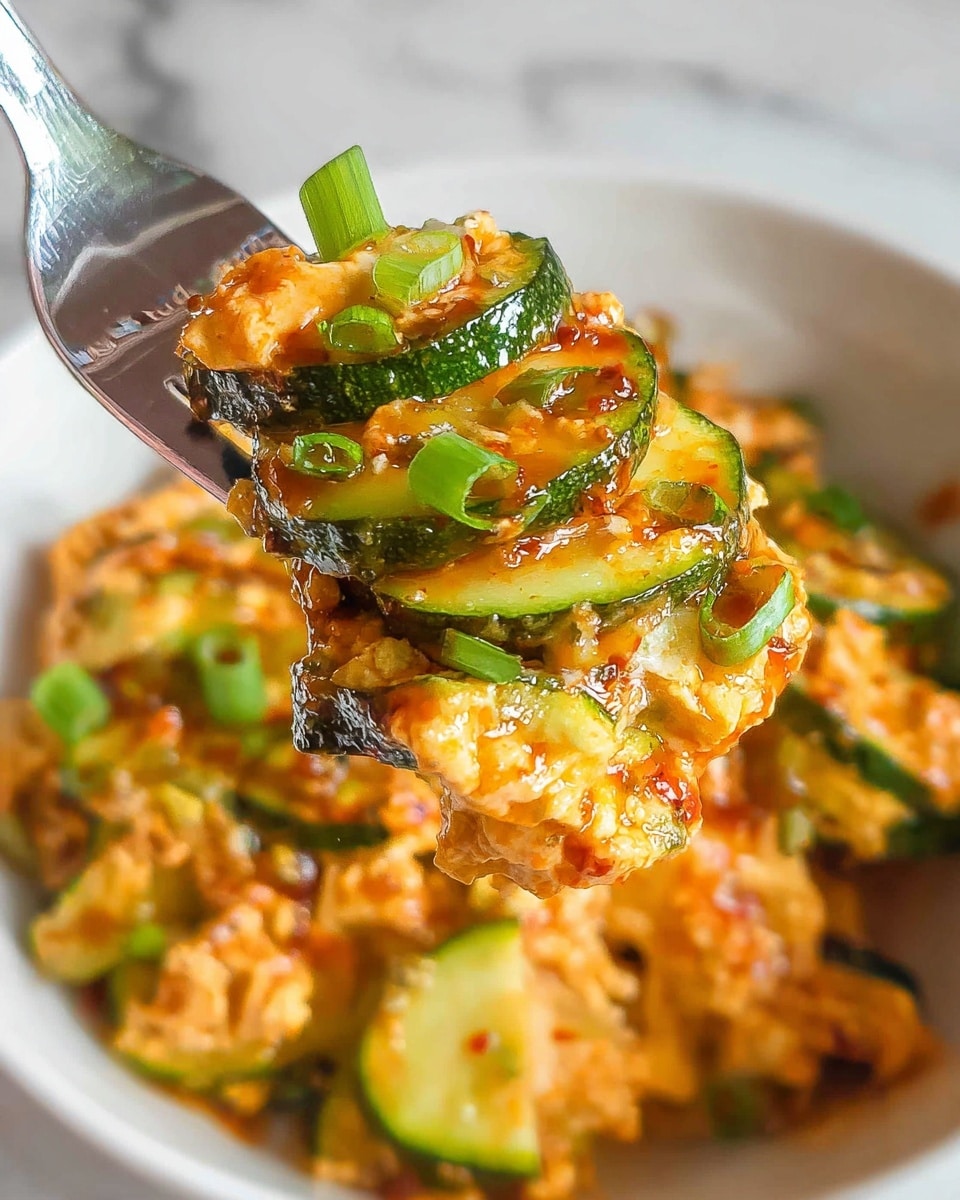 A close-up view of a fork holding a layered bite of food above a white bowl, showing thin green cucumber slices arranged in a spiral with creamy orange sauce mixed with small soft chunks beneath and around them, topped with small pieces of green herbs and a shiny glaze that looks like chili oil. The background is a white marbled texture softly blurred. Photo taken with an iphone --ar 4:5 --v 7