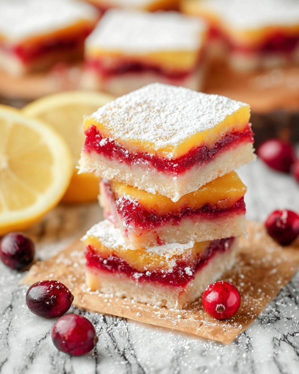 The image shows a stack of three square dessert bars, each with three distinct layers: a light golden crust at the bottom, a bright red cranberry filling in the middle, and a shiny yellow lemon layer on top, dusted with a fine white powdered sugar. The bars are placed on a piece of parchment paper on a rustic wooden surface with some powdered sugar scattered around. Around the stack, there are a few whole cranberries and a half lemon, all set on a white marbled texture. Photo taken with an iphone --ar 4:5 --v 7