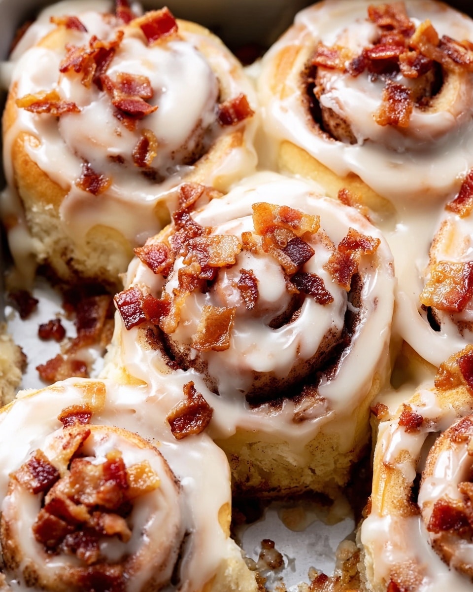 A close-up view of a group of seven cinnamon rolls arranged closely in a white baking dish, with one roll missing in the center bottom. Each roll has two visible layers, the outer dough is light golden brown while the inner swirl has a darker cinnamon brown color. The rolls are generously topped with creamy white icing that drips slightly down the sides, creating a smooth and shiny texture. Scattered pieces of crispy reddish-brown bacon bits are sprinkled over the icing, adding contrast and texture. The white marbled surface beneath the dish is just visible at the bottom where a roll is missing. photo taken with an iphone --ar 4:5 --v 7