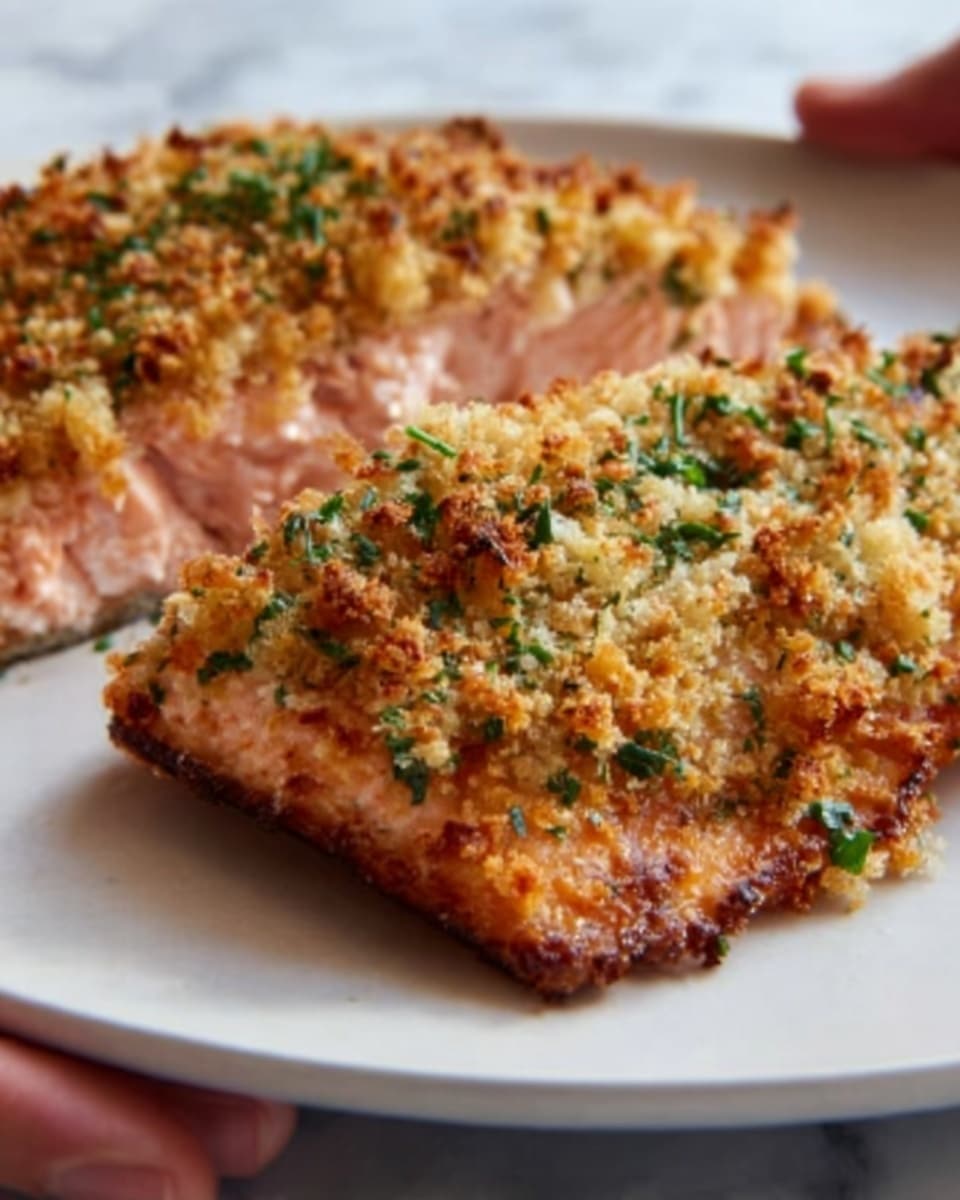 The image shows a close-up of a thick slice of salmon covered in a golden brown crust. The crust looks crunchy with small pieces of herbs and breadcrumbs scattered on top, giving a crispy texture. The salmon underneath appears moist and pink with a soft, flaky texture. The slice sits on a simple white plate placed on a white marbled surface. There is no other food or decoration in the frame, focusing fully on the salmon and its crispy top layer. Photo taken with an iphone --ar 4:5 --v 7