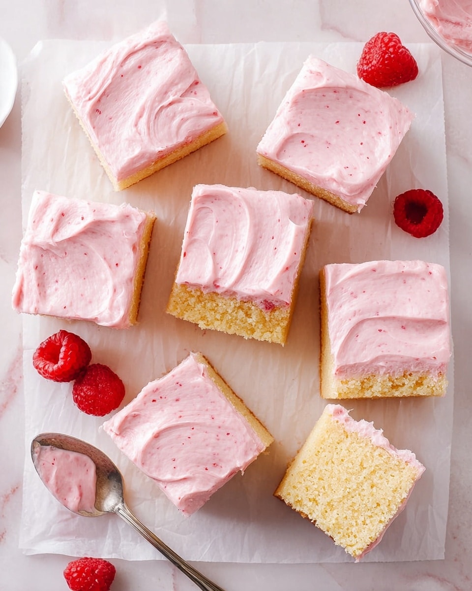 This image shows nine square pieces of yellow cake with a thick layer of smooth, light pink frosting on top. Each cake piece reveals a soft, crumbly texture in the yellow layer beneath the frosting. The frosting has swirled, creamy patterns and small red specks scattered throughout. Two pieces are turned to show the cake's inside, highlighting the contrast between the pink frosting and the yellow cake. A silver spoon with some pink frosting rests near the top right, and two bright red raspberries sit on the white marbled surface around the cake. All pieces are arranged on a white sheet, placed on a white marbled background. photo taken with an iphone --ar 4:5 --v 7