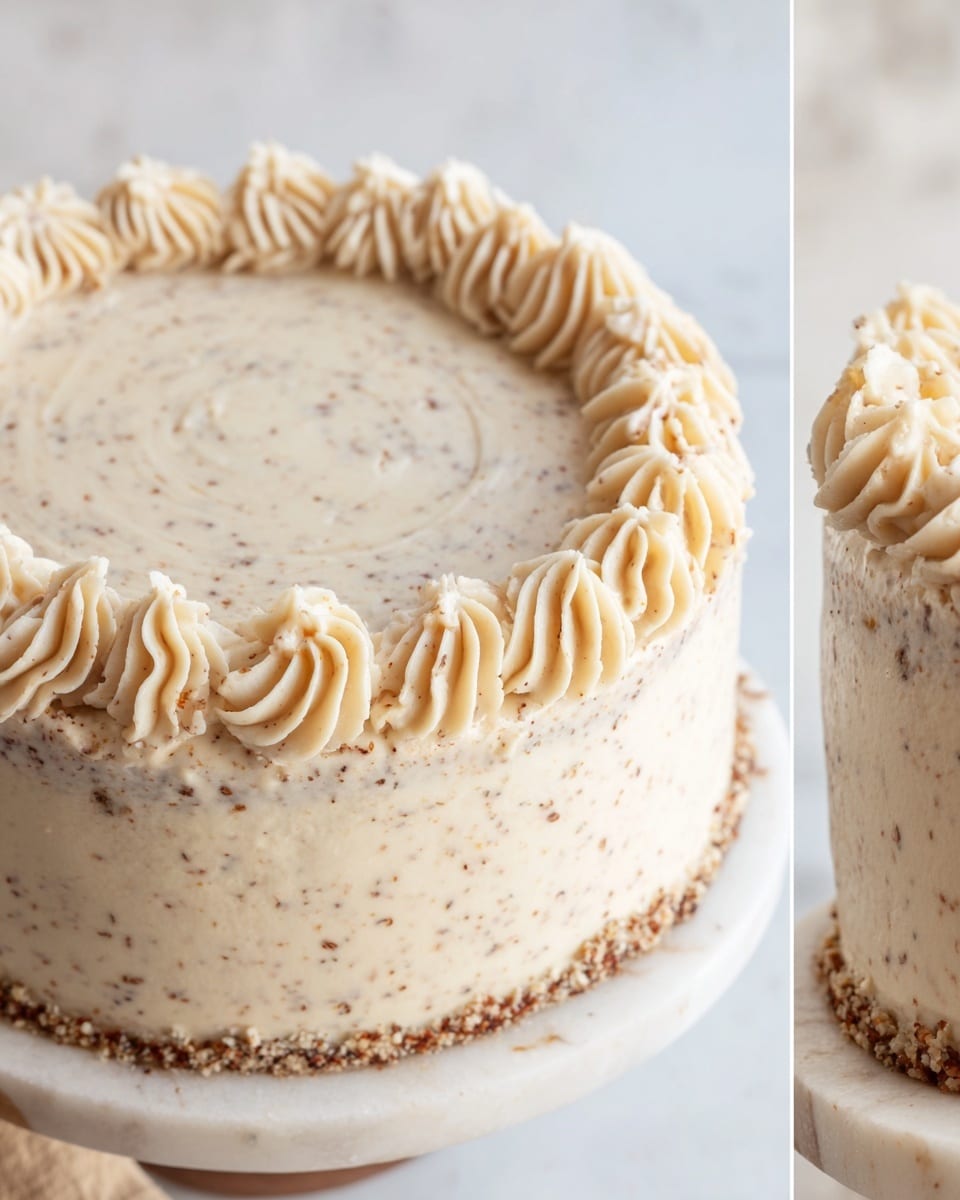 The image shows a close-up view of a tall cake with light beige cream frosting that has small brown specks throughout. The cake has multiple visible layers covered smoothly with frosting, showing a slightly rustic texture as some of the cake inside peeks through. Around the top edge, there is a decorative border of piped cream shaped in soft swirls, evenly spaced. The cake sits on a white marbled surface. The lighting is soft, highlighting the creamy texture and subtle colors. Photo taken with an iphone --ar 4:5 --v 7