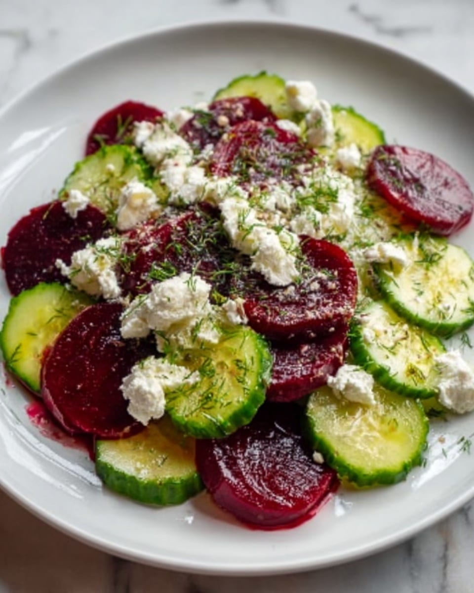 The image shows a white plate filled with a colorful beet and cucumber salad. The bottom layer has thick, round slices of green cucumber with a fresh and slightly shiny texture. On top, there are slices of deep red beetroot, each piece smooth and vibrant. Scattered all over are small crumbles of white cheese, adding a soft and crumbly texture. The salad is lightly sprinkled with green herbs and a hint of black pepper, giving it a fresh, seasoned look. The plate is placed on a white marbled surface. Photo taken with an iphone --ar 4:5 --v 7