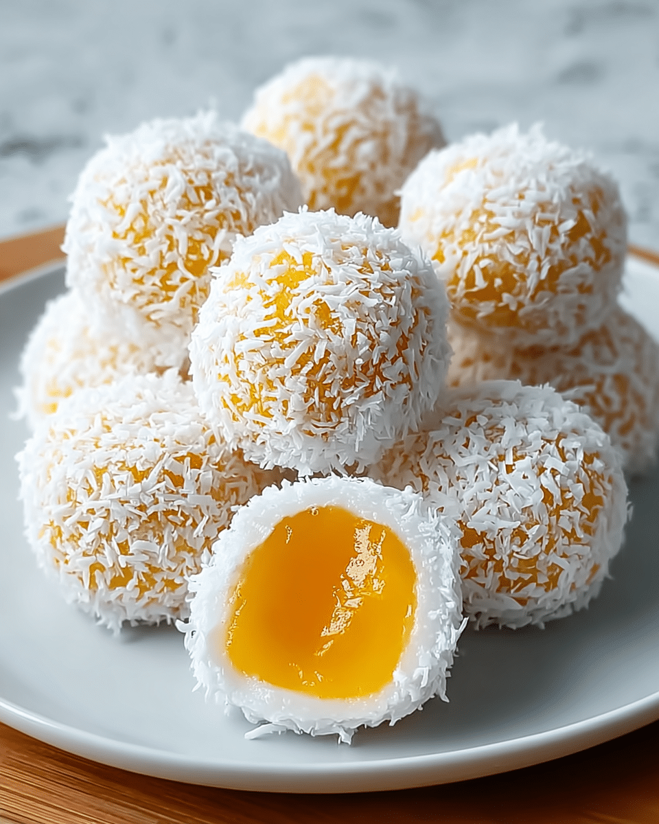 The image shows seven round sweets on a white plate sitting on a wooden table with a white marbled texture background. Each sweet has two layers: the outside layer is covered with white shredded coconut giving a rough texture, and the inside layer is a smooth, bright yellow-orange filling that looks jelly-like. One of the sweets is cut in half at the front, clearly showing the glossy, thick yellow center inside the white coconut layer. photo taken with an iphone --ar 4:5 --v 7