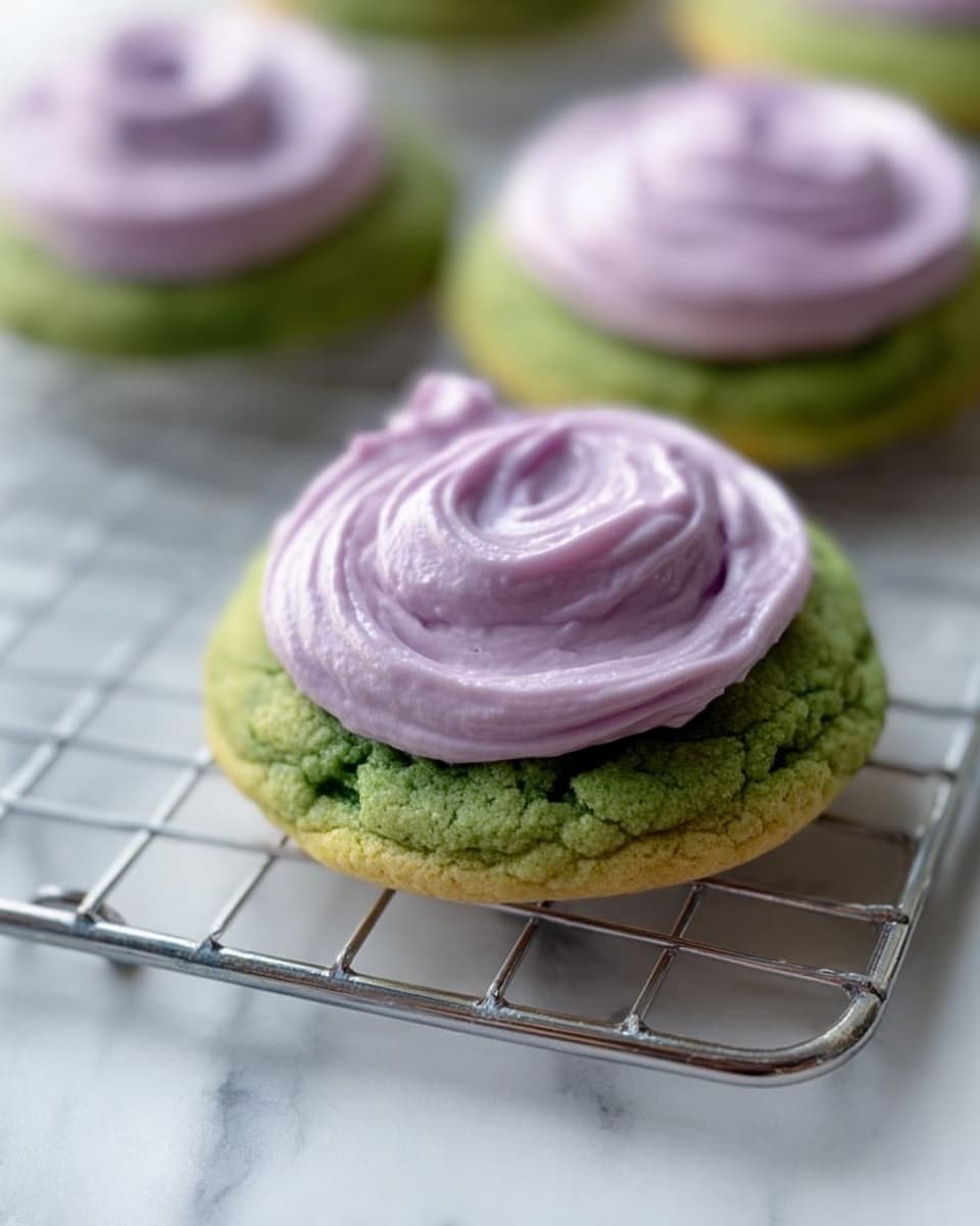 The image shows green cookies with a rough, textured base topped with a smooth, creamy layer of light purple frosting swirled in a circular pattern. There are four cookies placed on a silver metal cooling rack, which sits on a white marbled surface. The green cookie base looks soft and slightly uneven, while the frosting is thick and glossy with small peaks from the swirling motion. The focus is on the closest cookie, with the others softly blurred in the background. photo taken with an iphone --ar 4:5 --v 7