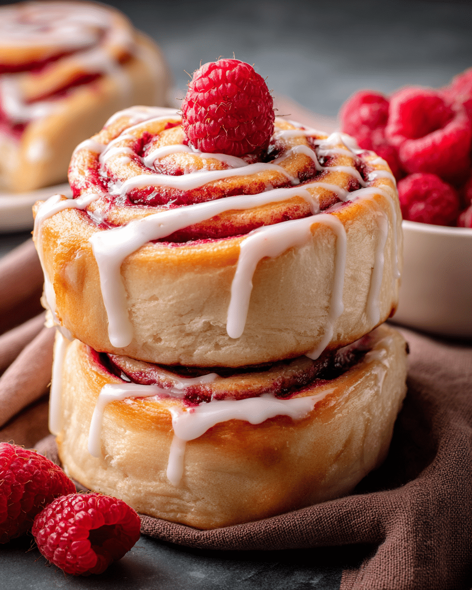 A close-up image of two stacked cinnamon rolls with a visible swirl pattern showing a rich red berry filling. The rolls have a golden brown outer layer with a soft, tender dough inside. White icing is drizzled in thick lines over the top roll, slightly dripping down the sides. On top of the upper roll sits a single fresh red raspberry. Nearby, a white bowl holds more fresh raspberries, all placed on a white marbled surface with a soft brown cloth partially wrapped around the rolls. The texture of the dough looks fluffy and light, and the image has a warm, cozy feel. photo taken with an iphone --ar 4:5 --v 7