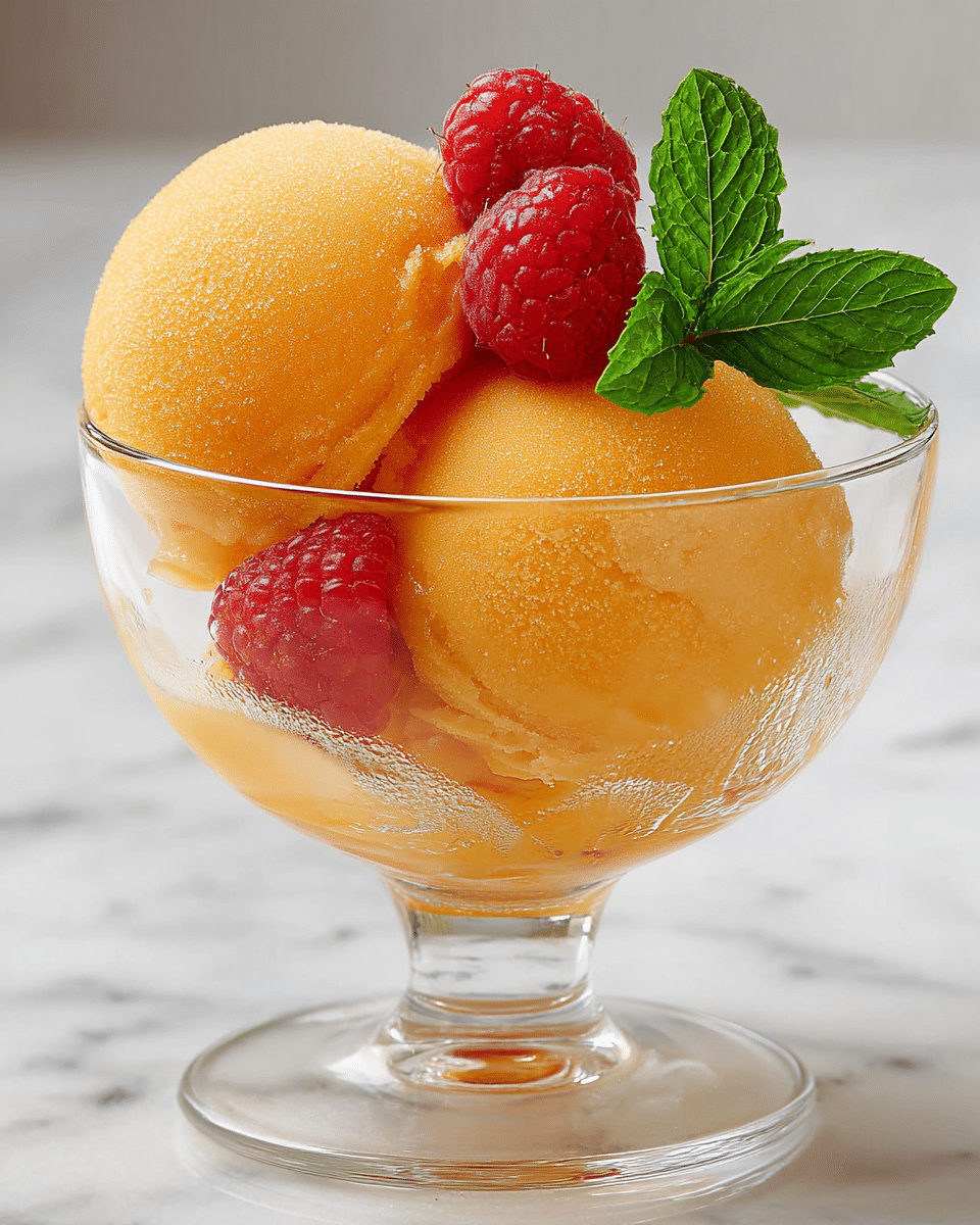 A clear glass dessert cup holds three round scoops of smooth orange sorbet, each scoop showing a slightly rough texture with tiny ice crystals. Two red raspberries sit on top of the scoop in the front left, their bumpy texture visible and bright against the sorbet. A fresh green mint sprig with detailed leaves stands upright in the scoop on the right. The dessert cup sits on a white marbled surface, and the glass shows some condensation and melted sorbet along its sides. photo taken with an iphone --ar 4:5 --v 7