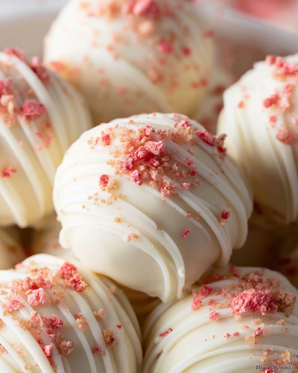 This image shows a close-up of several white chocolate truffles, each with a smooth, glossy white chocolate coating as the main layer. Over this, there are thin, uneven white chocolate drizzle lines creating a textured, striped pattern around the truffles. On top of the drizzle, small pieces of crushed pink and light brown crumbs are sprinkled, adding a rough texture and splashes of soft pink and beige colors on the white surface. The truffles are clustered together, filling the frame with a soft focus background of more truffles. photo taken with an iphone --ar 4:5 --v 7