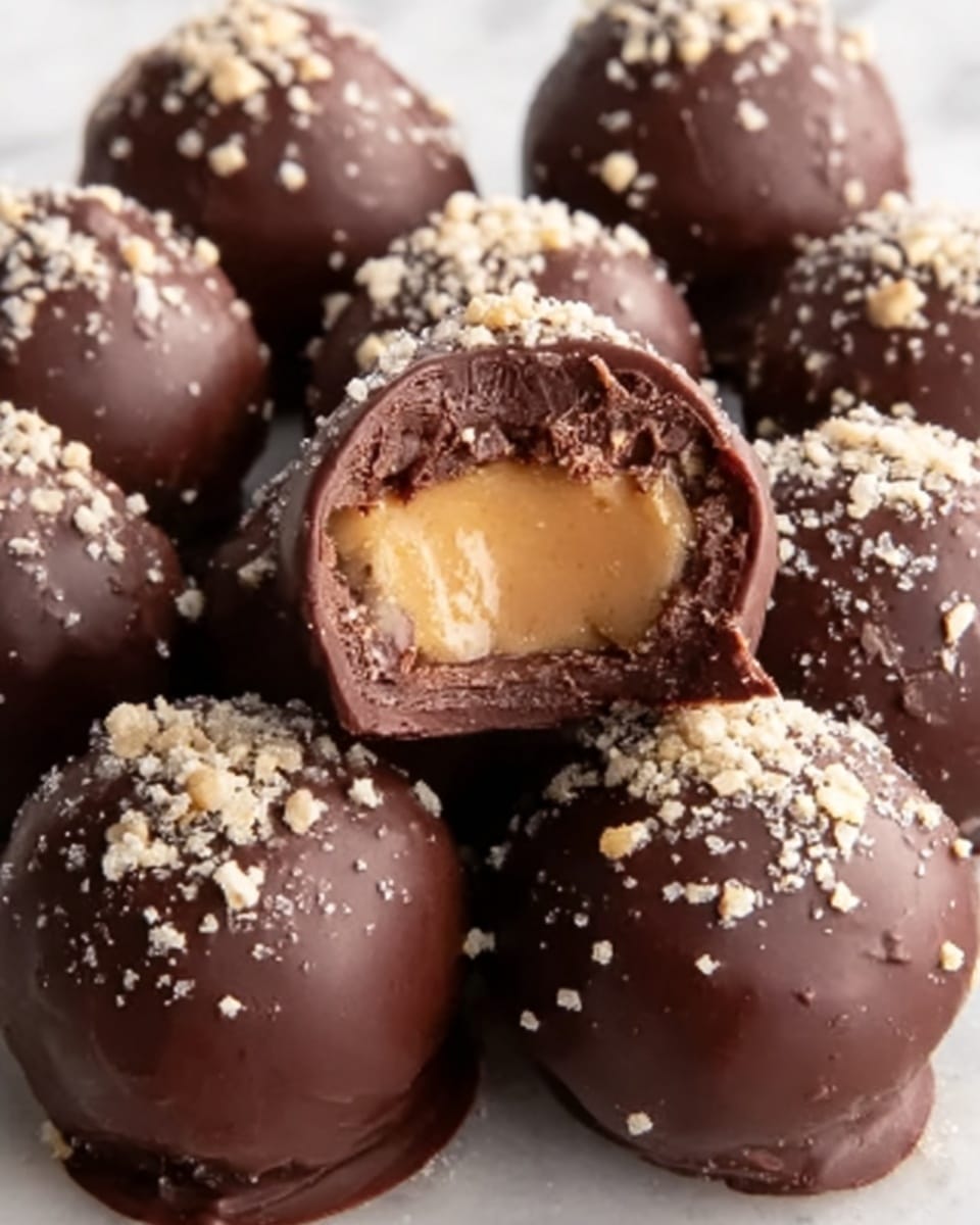 The image shows a close-up view of several round chocolate truffles with a smooth dark brown chocolate coating. One truffle is cut open at the center, revealing a thick, creamy caramel filling that contrasts with the dark chocolate exterior. The truffles are topped with a light sprinkling of small, grainy white and beige pieces, adding texture. They are placed closely together on a white marbled surface, giving a fresh and clean look. photo taken with an iphone --ar 4:5 --v 7