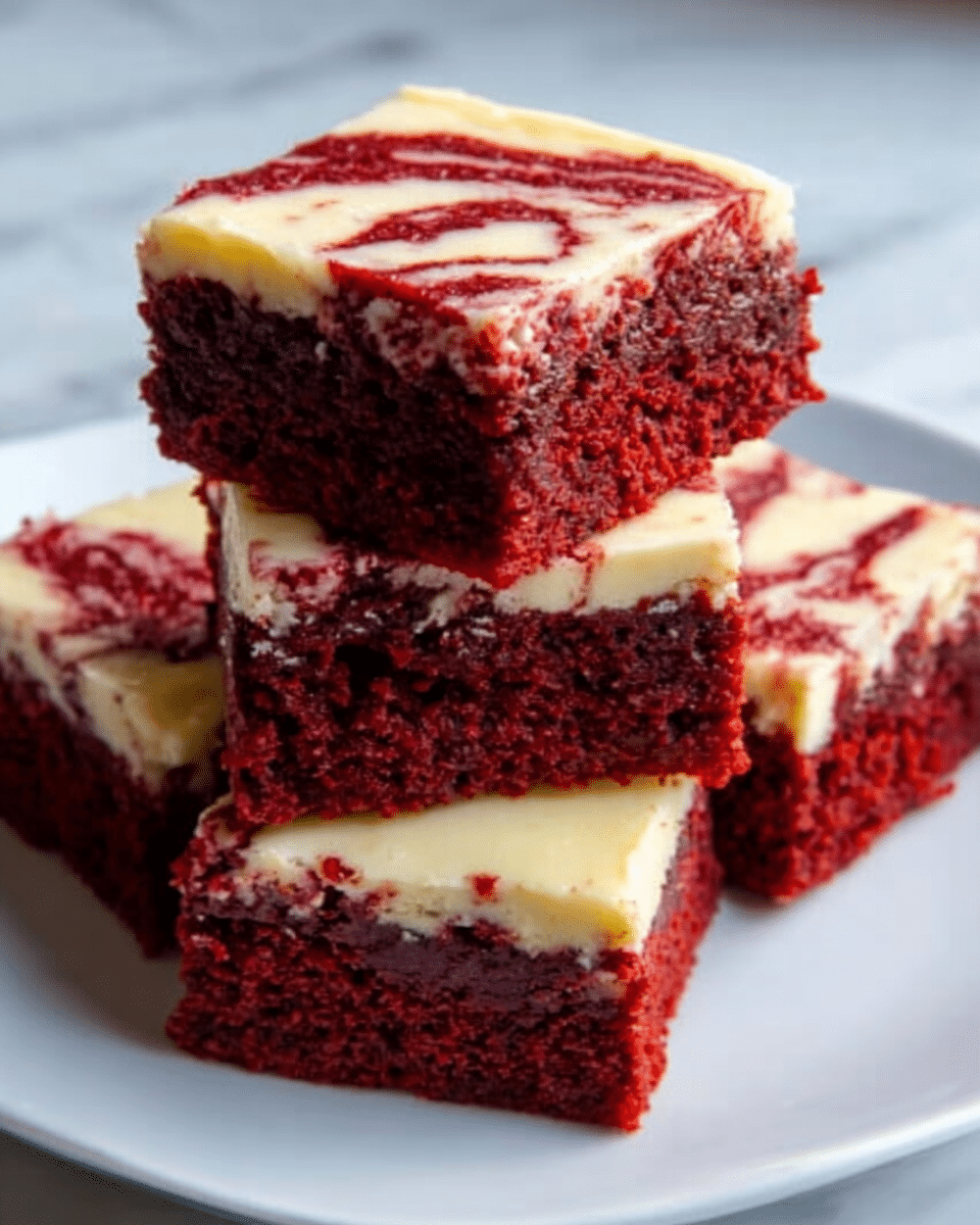 The image shows a stack of four thick, square red velvet brownies on a white plate, placed against a background of a white marbled surface near a window. Each brownie has two visible layers: the bottom is a deep red, moist, and dense cake layer with a slightly crumbly texture, while the top layer is a creamy, smooth, and white cream cheese swirl that contrasts with the red cake underneath. The cream cheese layer has a marbled effect with the red cake peeking through in some spots. The brownies are neatly cut and stacked, showing the clean edges and distinct layers. Photo taken with an iphone --ar 4:5 --v 7