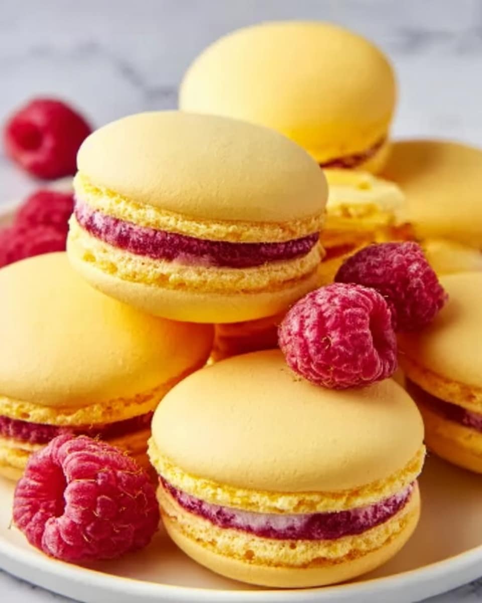 The image shows several yellow macarons stacked on a white plate, each macaron consisting of two smooth yellow shells with a thick layer of red raspberry filling in the middle. Around the macarons, there are fresh whole raspberries adding a bright red contrast to the yellow desserts. The white plate is placed on a white marbled surface, adding a clean and elegant look to the scene. The light highlights the smooth texture of the macaron shells and the juicy details of the raspberries. photo taken with an iphone --ar 4:5 --v 7