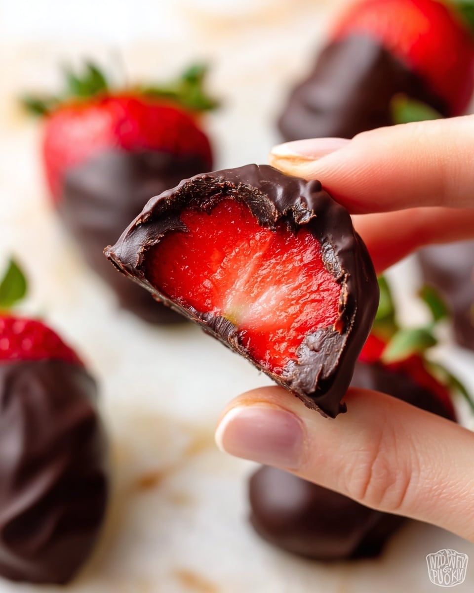 A woman's hand with bright red nail polish holds a piece of dark chocolate-coated strawberry that is bitten to show its inside. The strawberry is bright red and juicy, covered by a smooth and thick layer of dark chocolate that has a slightly shiny and cracked texture. In the blurred background, whole fresh strawberries and more chocolate-covered strawberries sit on a white marbled surface. Photo taken with an iphone --ar 4:5 --v 7