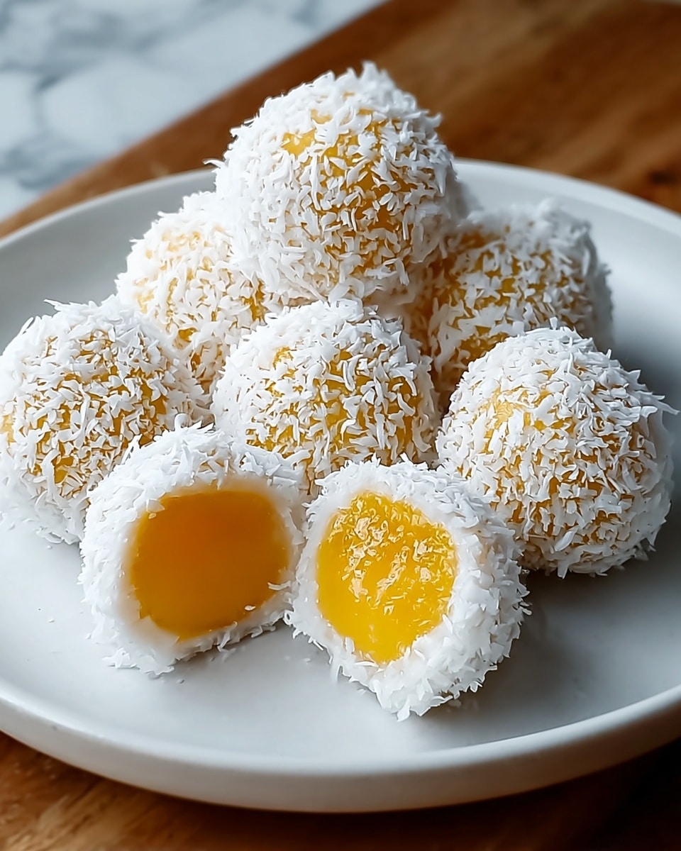 A white plate holds seven round sweets, each coated in a thick layer of shredded white coconut with a rough, fibrous texture. One sweet is cut in half at the front, showing a smooth, glossy, bright yellow-orange filling inside. The sweets are arranged close to each other on a white marbled texture surface, with soft natural lighting highlighting the coconut flakes. Photo taken with an iphone --ar 4:5 --v 7