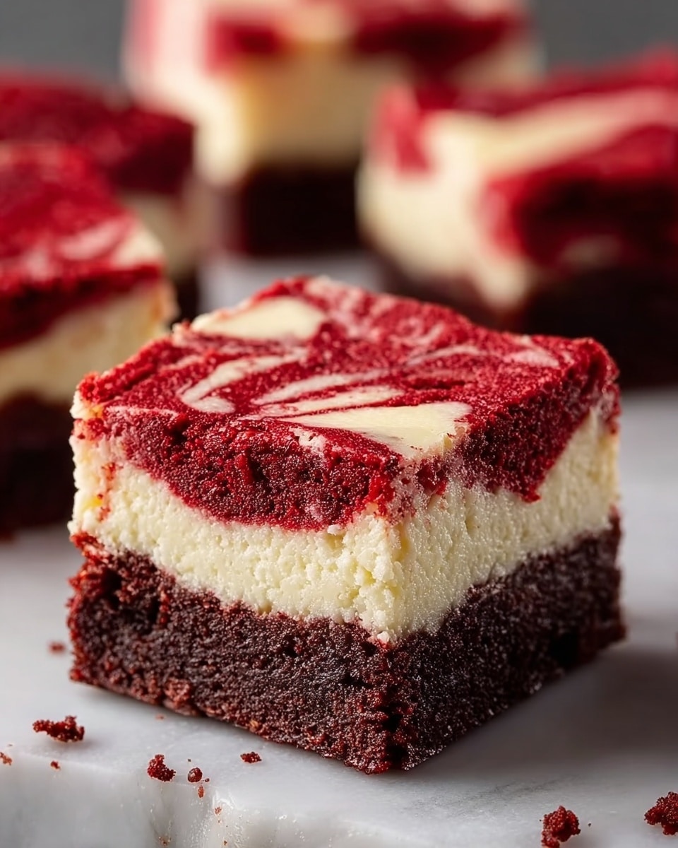 A close-up of a square dessert with three visible layers on a white marbled surface. The bottom layer is a dark red-brown, moist cake with a soft texture. The middle layer is thick and creamy white, smooth and dense. The top layer is bright red with a slightly swirled pattern of white cream mixed in, giving a marbled look. The edges are clean but slightly crumbly. In the background, blurred out, there are more similar square pieces. Photo taken with an iphone --ar 4:5 --v 7