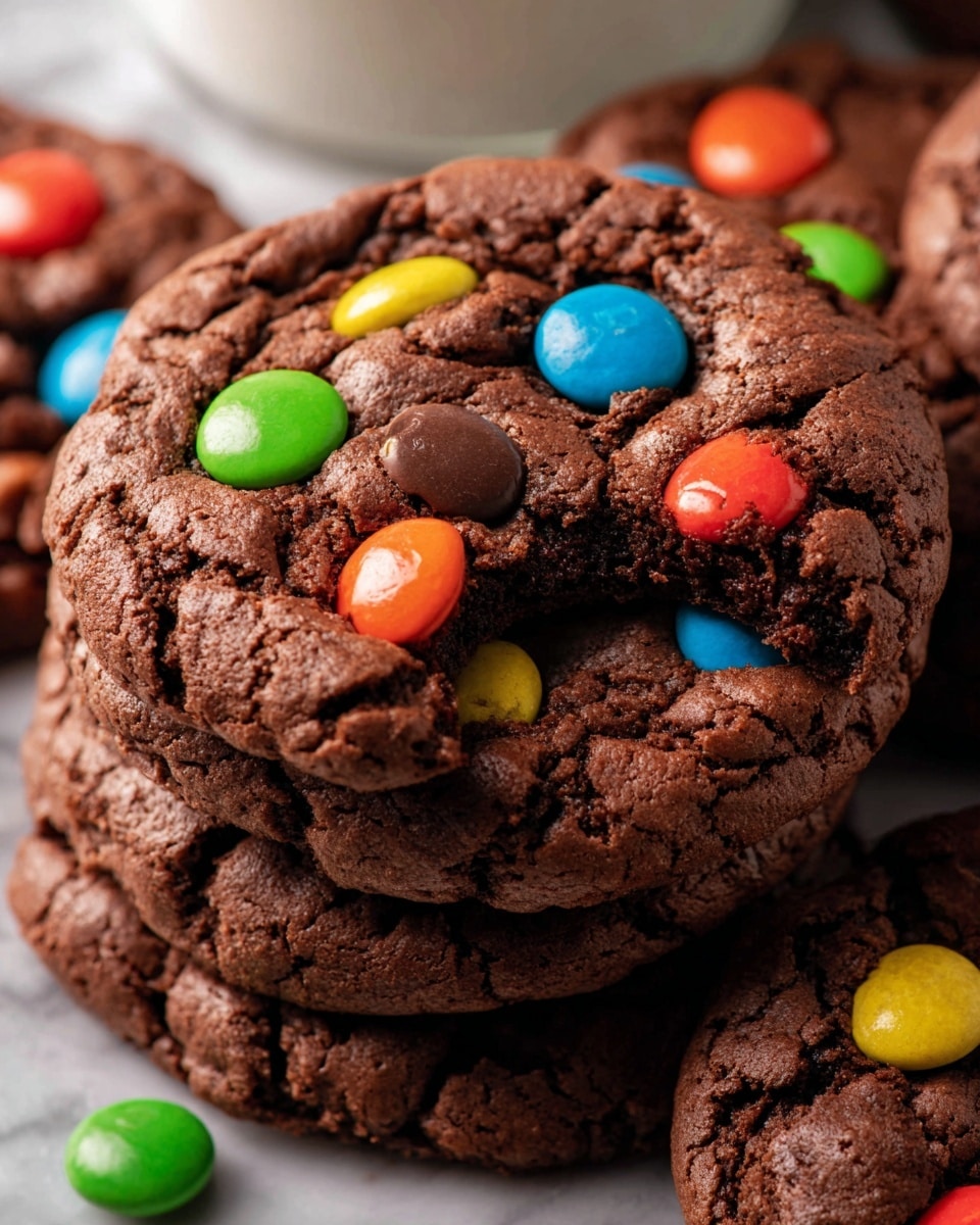 The image shows a stack of rich chocolate cookies packed with colorful candy-coated chocolate pieces in red, blue, yellow, green, and orange. The cookies have a slightly cracked surface, showing a soft and chewy texture inside, with one cookie in the center having a small bite taken out of it, revealing its dense and moist interior. The candies are scattered unevenly, adding bright pops of color against the deep brown cookie base. The background has a soft sunny glow, making the cookies look warm and freshly baked, all placed on a white marbled surface. photo taken with an iphone --ar 4:5 --v 7
