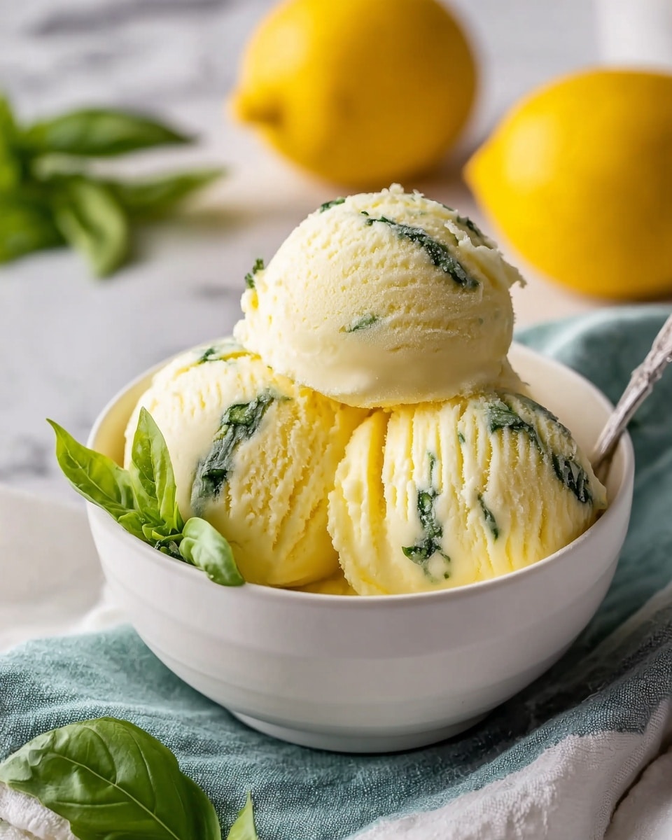 A white bowl filled with three scoops of pale yellow ice cream that has a smooth texture, each scoop showing streaks of green herbs running through them. Two fresh green basil leaves are placed on the right side of the top scoop, adding a bright contrast. In the background, two whole yellow lemons are softly blurred, while the bowl rests on a white marbled textured surface with a teal and white striped cloth partially visible on the left. photo taken with an iphone --ar 4:5 --v 7