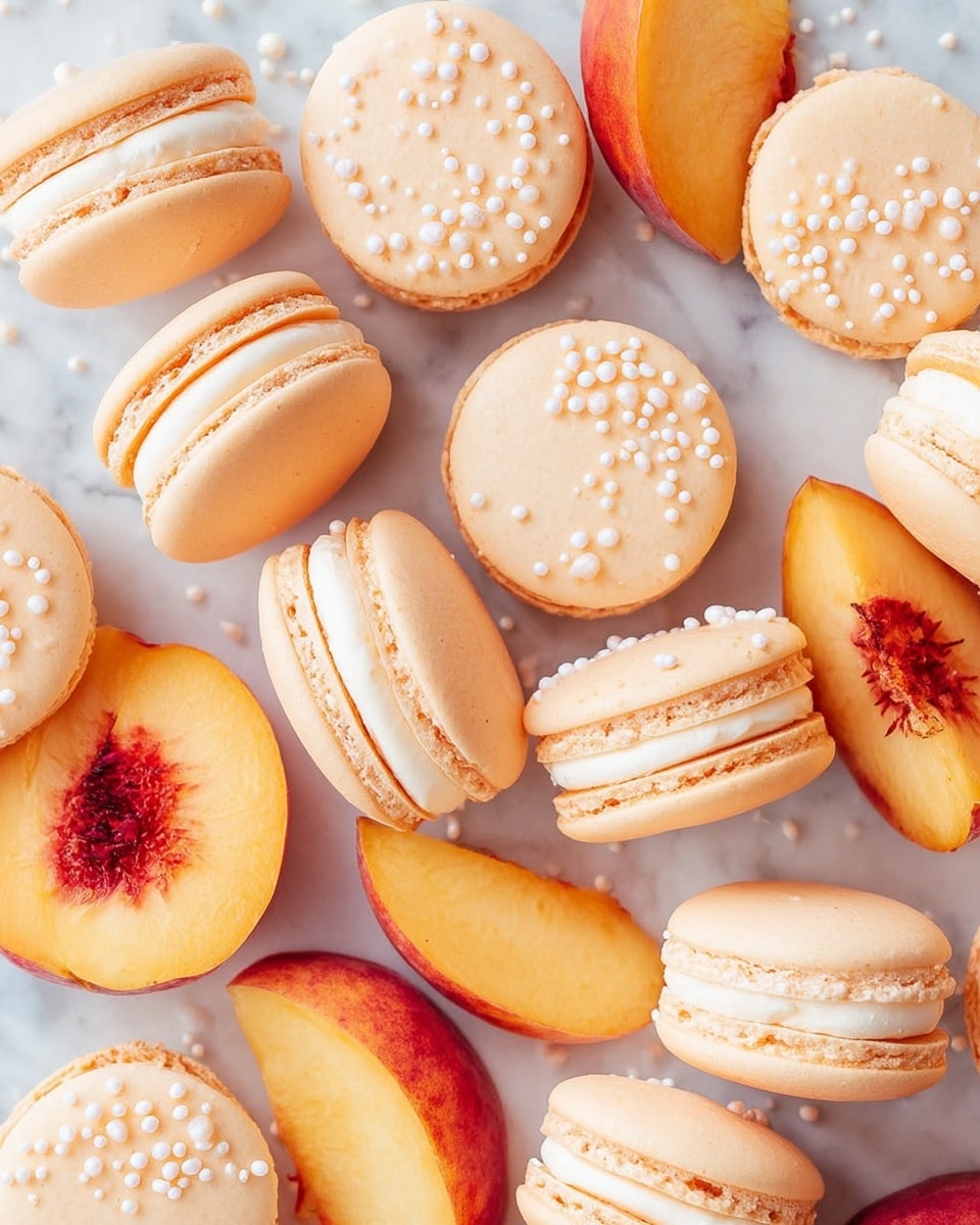A close-up view of peach-colored macarons scattered on a white marbled surface, each macaron showing two smooth, round shells with a creamy white filling in between, some topped with small white round sprinkles. Among the macarons are several peach slices with bright orange and yellow skin fading into juicy flesh with deep red pits, adding contrast and freshness to the arrangement. The macarons vary slightly in position, some standing on edge to reveal the creamy layer inside, while others lie flat, showing the smooth tops with sprinkles. Photo taken with an iphone --ar 4:5 --v 7