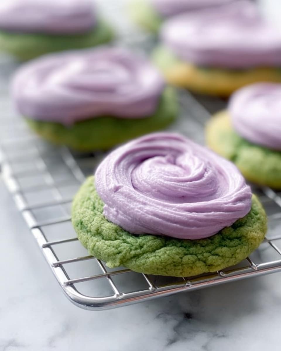 The image shows green cookies with a thick layer of light purple frosting swirled on top. Each cookie has one smooth, creamy frosting layer that covers the whole surface, resting on a slightly textured, round green base. The cookies sit on a silver cooling rack placed over a white marbled surface. The focus highlights the cookie in the front, with others blurred in the background, creating a gentle depth effect. photo taken with an iphone --ar 4:5 --v 7