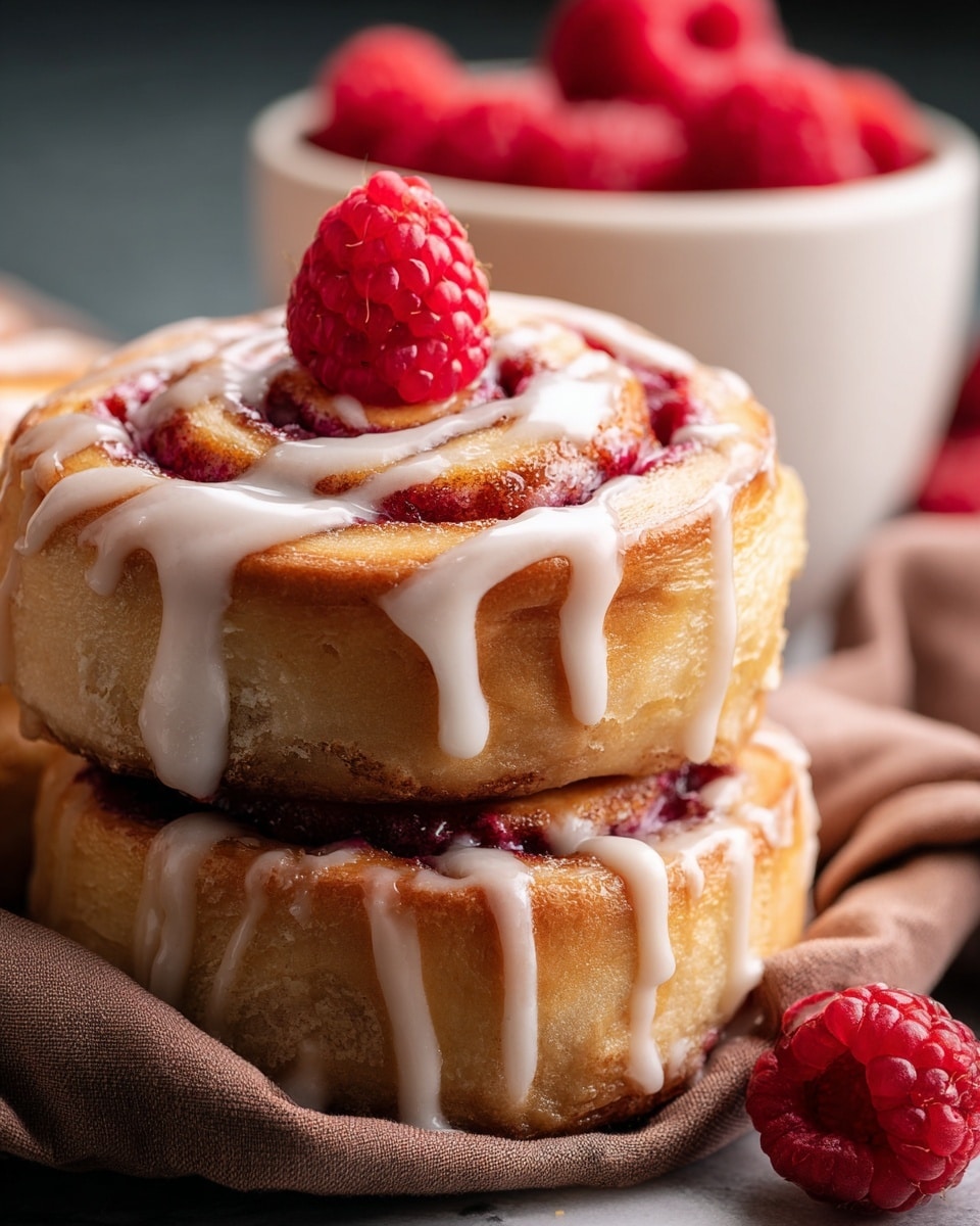 The image shows a stack of two thick, round pastries with a light golden brown outer layer and a bright red filling swirled inside. The filling appears soft and slightly glossy. White icing is drizzled over the top pastry, dripping down the sides. On top of the stack sits a single fresh raspberry, bright red and textured with tiny seeds. There are extra raspberries scattered around on a white marbled surface beneath a beige cloth and a small white bowl filled with raspberries. The scene is close-up and warm in tone, making the pastries look soft and fresh. photo taken with an iphone --ar 4:5 --v 7