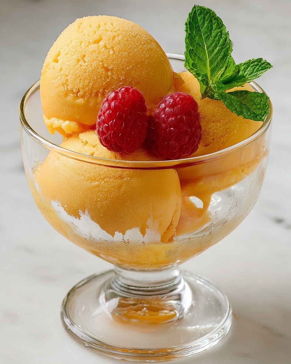 A clear glass dessert bowl holds three smooth, round scoops of bright orange sorbet, each showing a slightly frosty texture with tiny ice crystals on their surface. On top of the sorbet, there are two fresh, red raspberries with a bumpy texture and a small sprig of green mint leaves standing upright, adding a fresh look. The glass bowl sits on a white marbled surface, and the coldness of the sorbet is visible through droplets of moisture inside the glass. Photo taken with an iphone --ar 4:5 --v 7