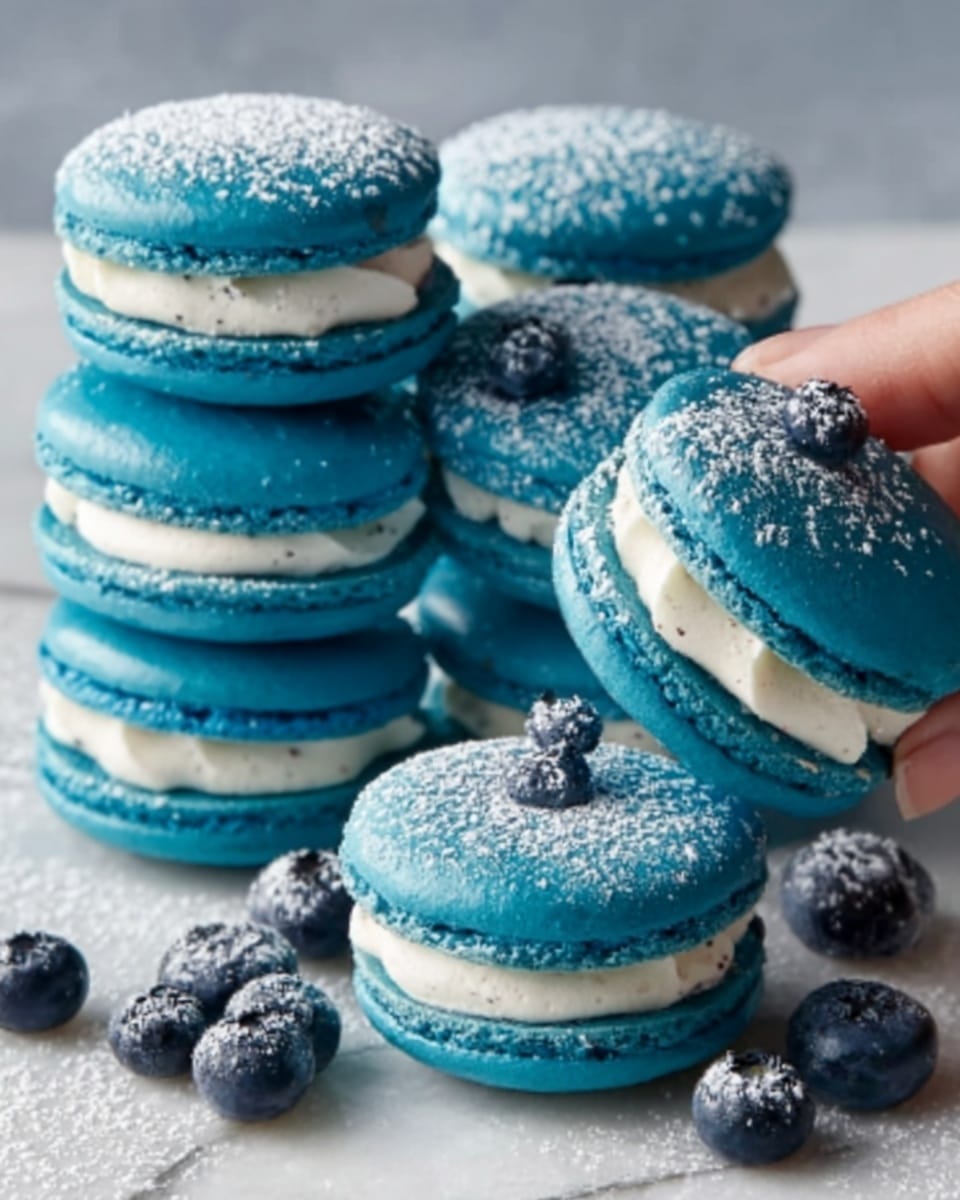 The image shows a small pile of six blue macarons with smooth, shiny shells and a creamy white filling in the middle layer. Each macaron has a lightly textured edge where the shell meets the filling. The macarons are arranged on a white marbled surface, and some fresh blueberries are scattered around and on top of the macarons, adding a dark blue contrast. The overall look is clean and bright, focusing on the vibrant blue color of the macarons and the fresh fruit. Photo taken with an iphone --ar 4:5 --v 7