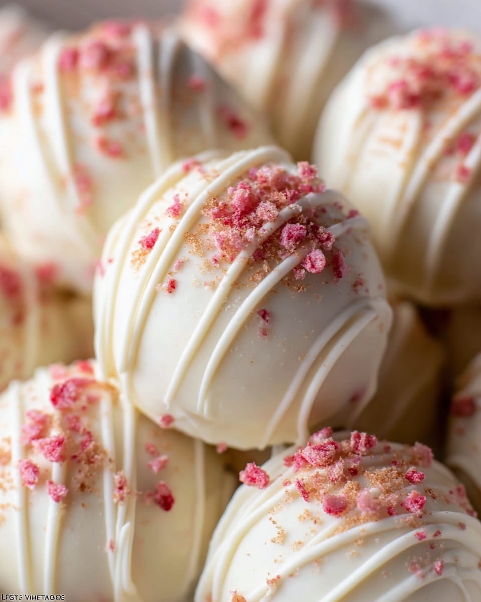 The image shows a close-up of several round white chocolate truffles arranged closely together. Each truffle has a smooth white coating with thin white chocolate drizzles wrapped around them in random patterns. On top of the drizzles, there are small crumbles of pink and light brown flakes scattered unevenly, adding texture and color contrast. The truffles appear soft and glossy, sitting on a white marbled surface that highlights their delicate details. photo taken with an iphone --ar 4:5 --v 7