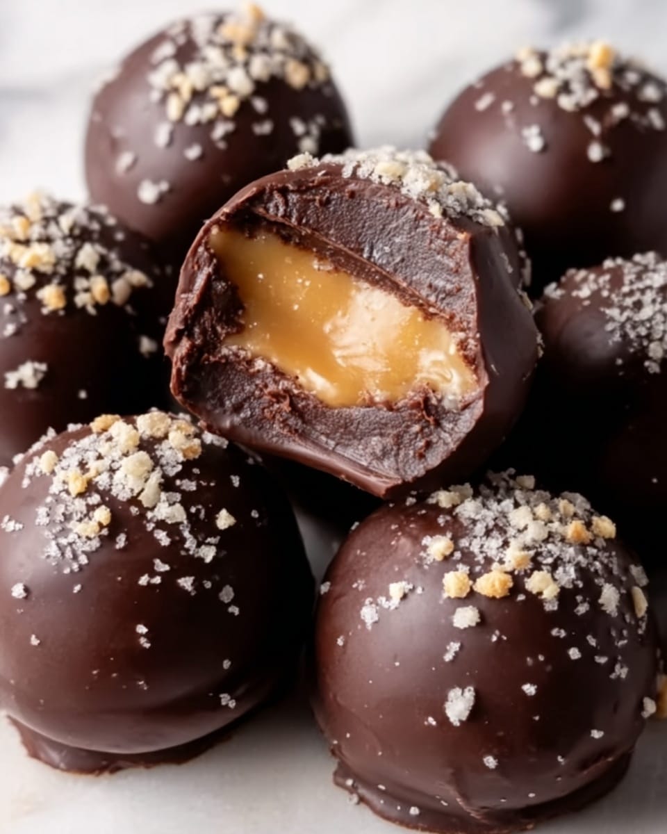 The image shows several round chocolate truffles with a smooth dark chocolate coating, sprinkled with small bits of crushed nuts or salt on top. One truffle in the center is bitten to reveal a soft, gooey caramel filling inside the thick chocolate shell. The truffles are placed closely together on a white marbled surface, creating a rich and glossy look. Photo taken with an iphone --ar 4:5 --v 7