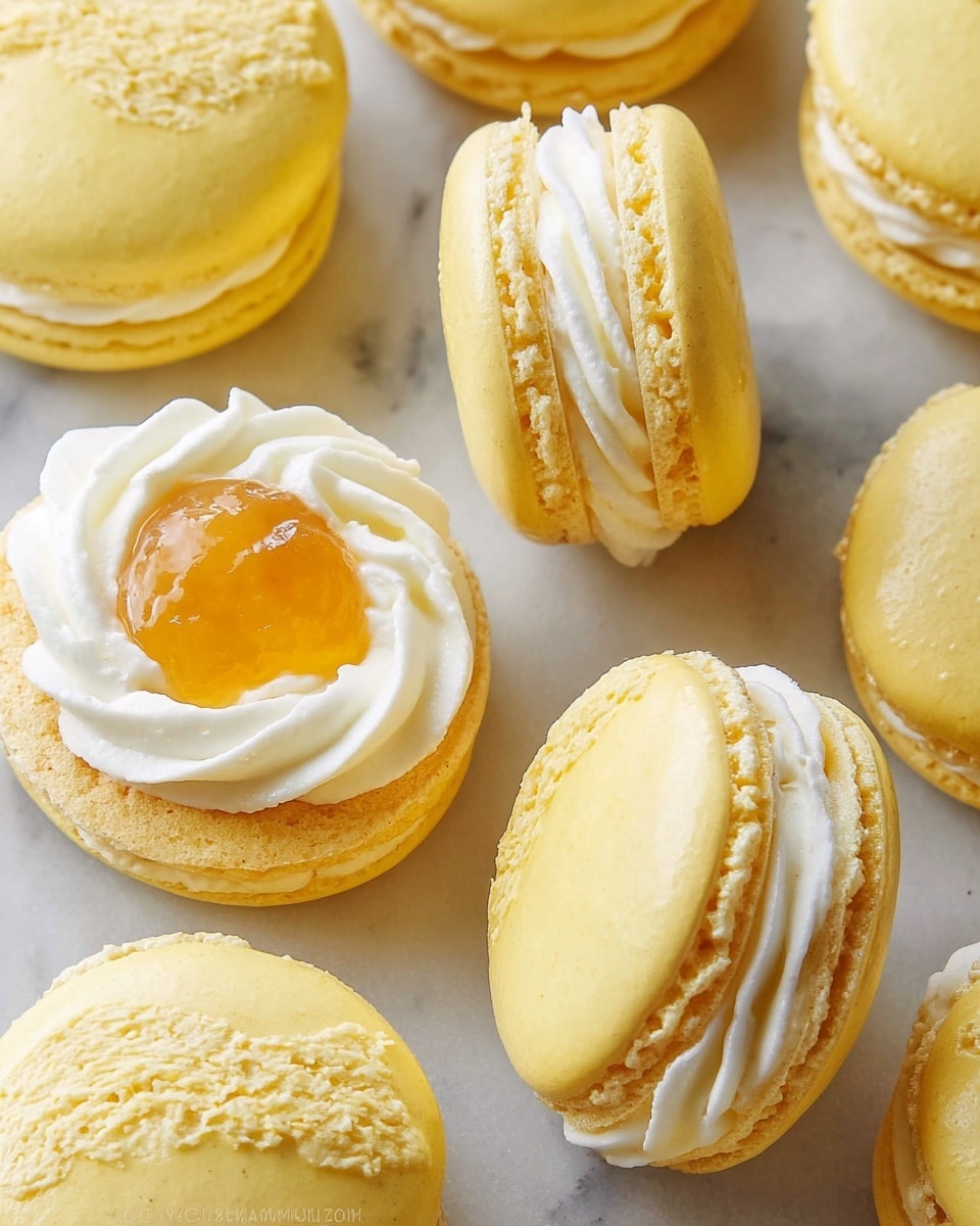 The image shows a close-up of yellow macarons on a white marbled surface. Some macarons have two smooth, round yellow shells with white cream piped thickly in between, showing a soft, slightly rough texture on the shells. Other macarons are open-faced, with a bottom yellow shell topped with a thick ring of white cream, and a dollop of glossy yellow jam or curd in the center. The shells have a delicate cracked surface, and the cream has a smooth but slightly ridged texture. photo taken with an iphone --ar 4:5 --v 7