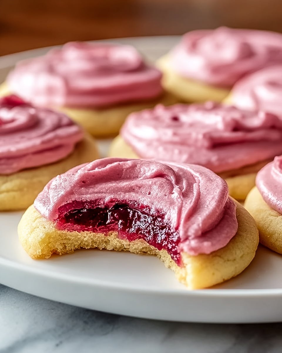 The image shows multiple round cookies on a white plate, each with three layers: a base layer of soft, pale yellow cookie dough with a slightly crumbly texture, a middle layer of dark red jam with a glossy, smooth, slightly chunky look, and a top layer of thick, swirled pink frosting that looks creamy and smooth. One cookie in the front has a bite taken out, revealing the jam and cookie layers inside. The scene is set on a white marbled surface with soft natural lighting highlighting the details and colors. photo taken with an iphone --ar 4:5 --v 7