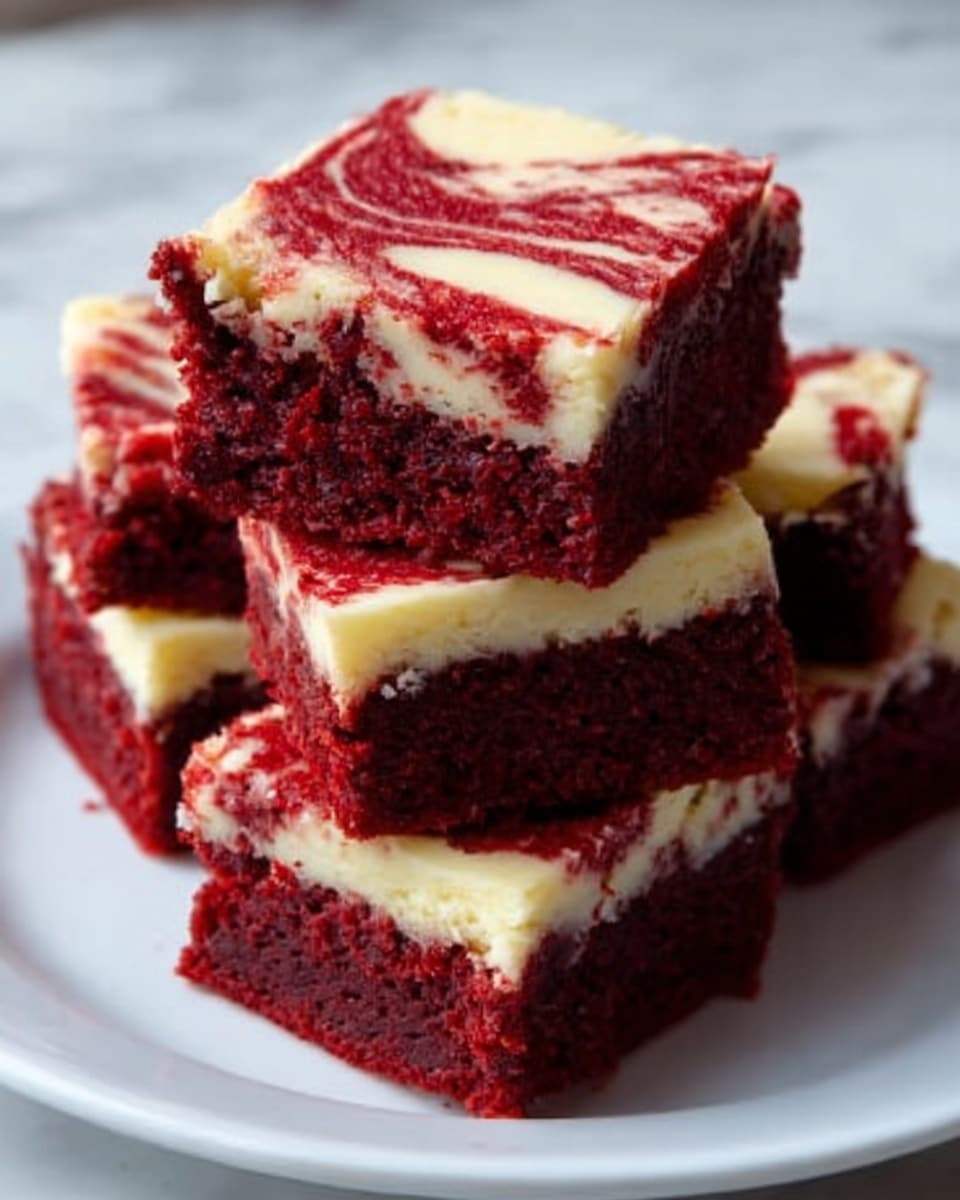 The image shows three stacked squares of red velvet cheesecake brownies on a clean white plate, sitting on a white marbled surface. Each brownie has two layers: a thick, rich red velvet bottom layer with a soft, moist texture, and a creamy, smooth off-white cheesecake layer swirled on top with red velvet streaks. The brownies have sharp edges and a slightly crumbly look. The background includes a softly blurred window scene. Photo taken with an iphone --ar 4:5 --v 7