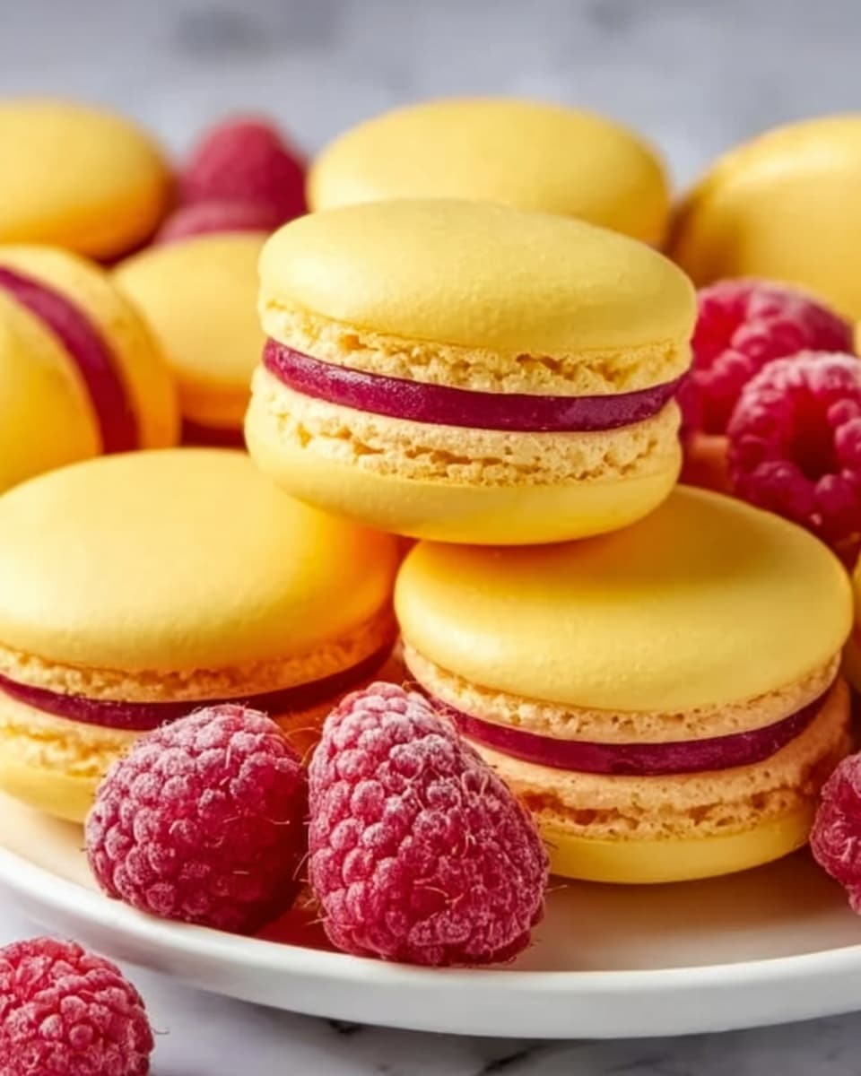 A white plate filled with bright yellow macarons stacked close together, each macaron showing a smooth yellow top shell and a slightly rougher yellow bottom shell, sandwiching a thick layer of deep red raspberry filling. Surrounding the macarons are fresh red raspberries with a textured surface, adding a natural touch to the scene. The background is a white marbled surface enhancing the vibrant colors of the macarons and raspberries. Photo taken with an iphone --ar 4:5 --v 7